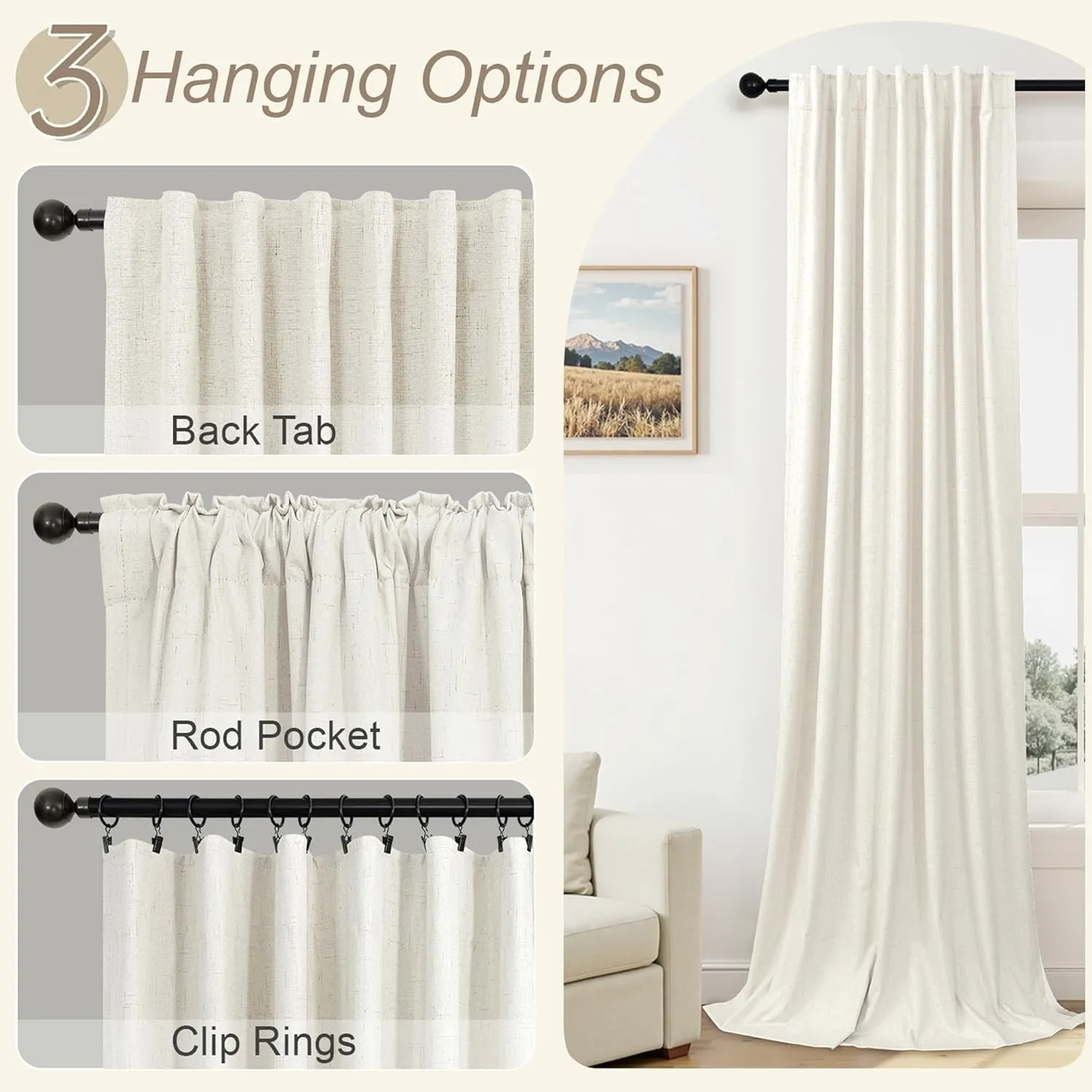 100% Blackout Curtains 84 Inch Length 2 Panels Set Neutral Boho Linen Farmhouse for Bedroom Windows Living Room Darkening Thermal Insulated Drapes Natural Cream Ivory 7ft Long Back Tab Pleated Pocket