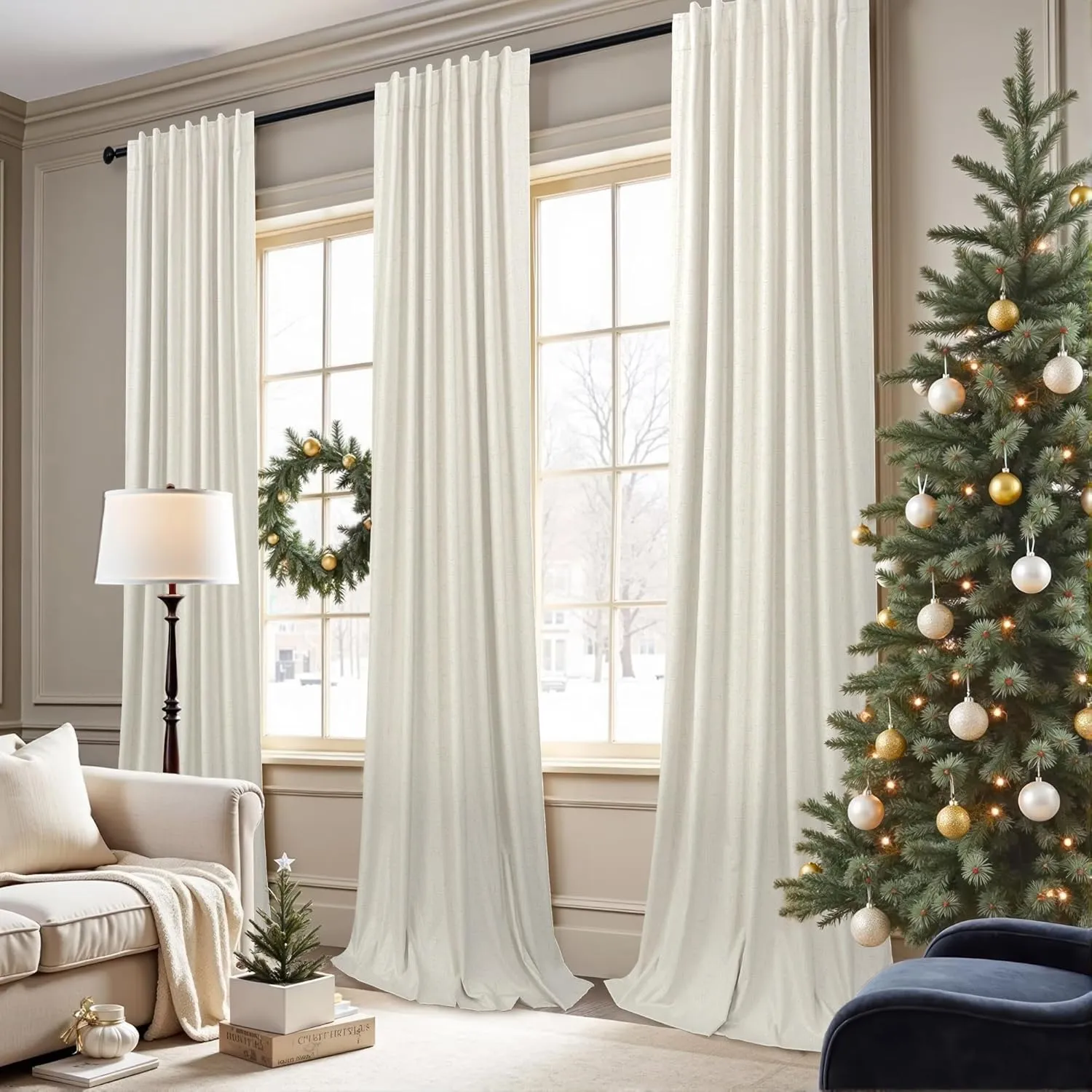 100% Blackout Curtains 84 Inch Length 2 Panels Set Neutral Boho Linen Farmhouse for Bedroom Windows Living Room Darkening Thermal Insulated Drapes Natural Cream Ivory 7ft Long Back Tab Pleated Pocket