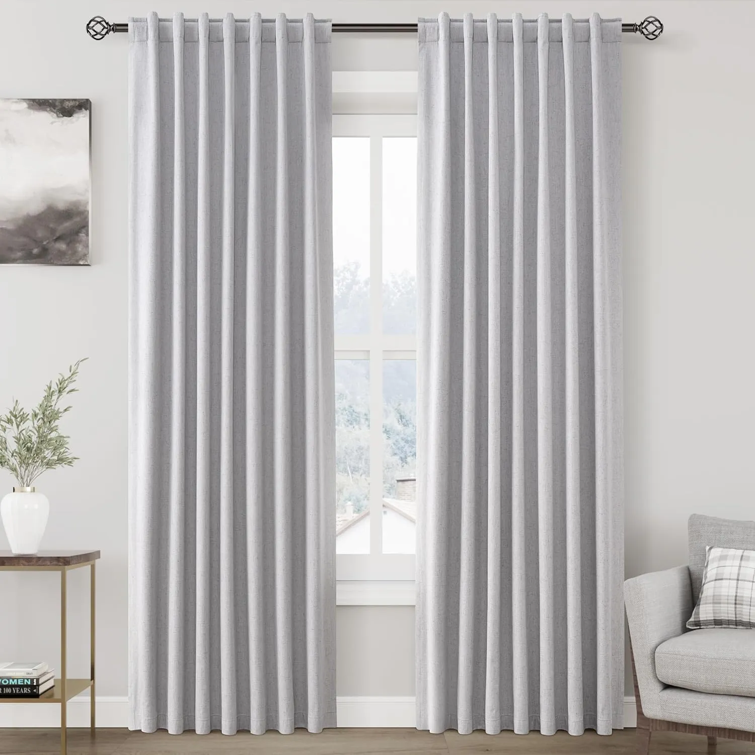 100% Blackout Linen Curtains 84 Inch Length 2 Panels Light Grey Light Blocking Darkening Living Room Curtains 84 Inches Long Elegant Modern Back Tab Pocket Noise Reducing Drapes for Nursery 52X84