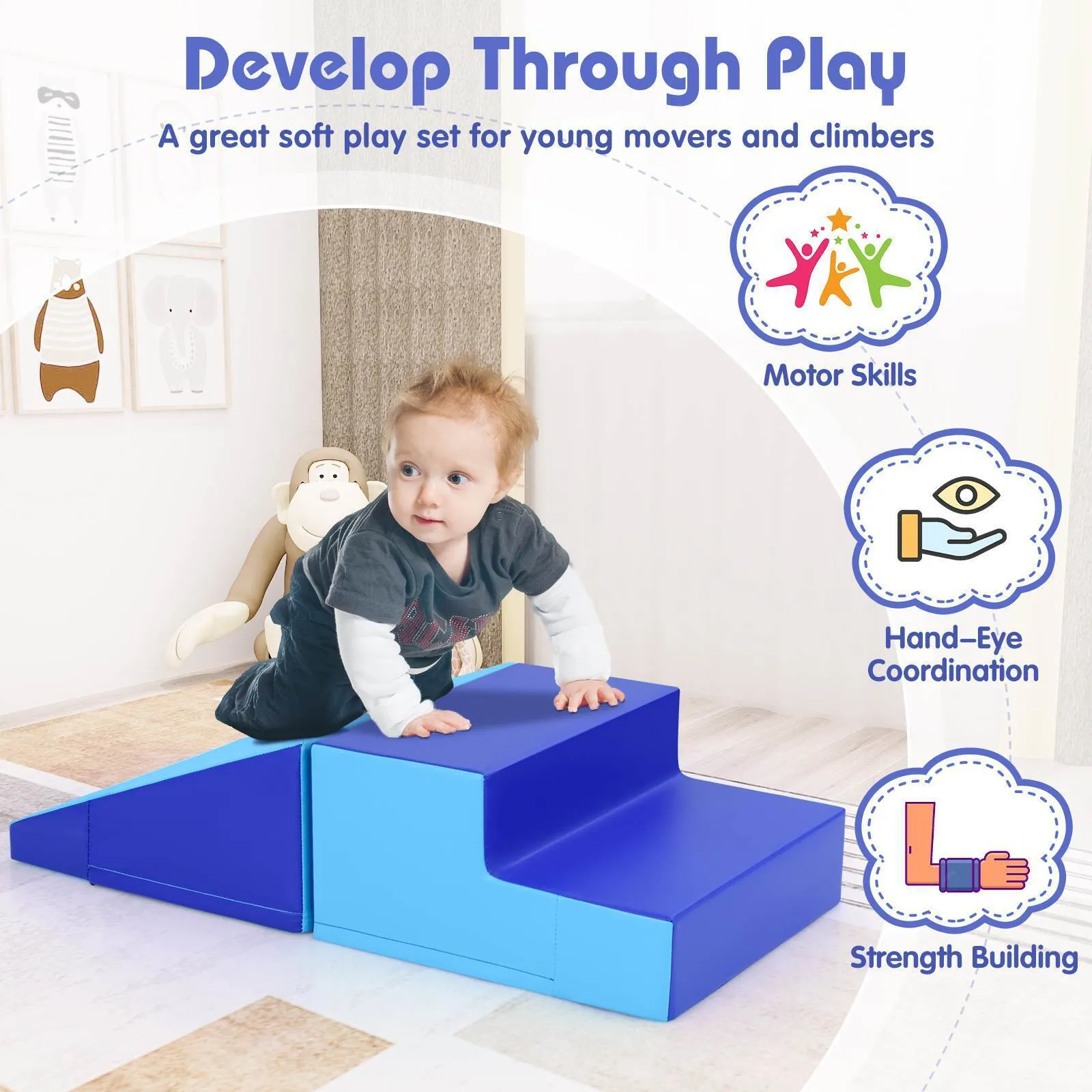 2-Piece Baby Soft Foam Block Playset Toddlers Step and Slide Climber Indoor Active Play