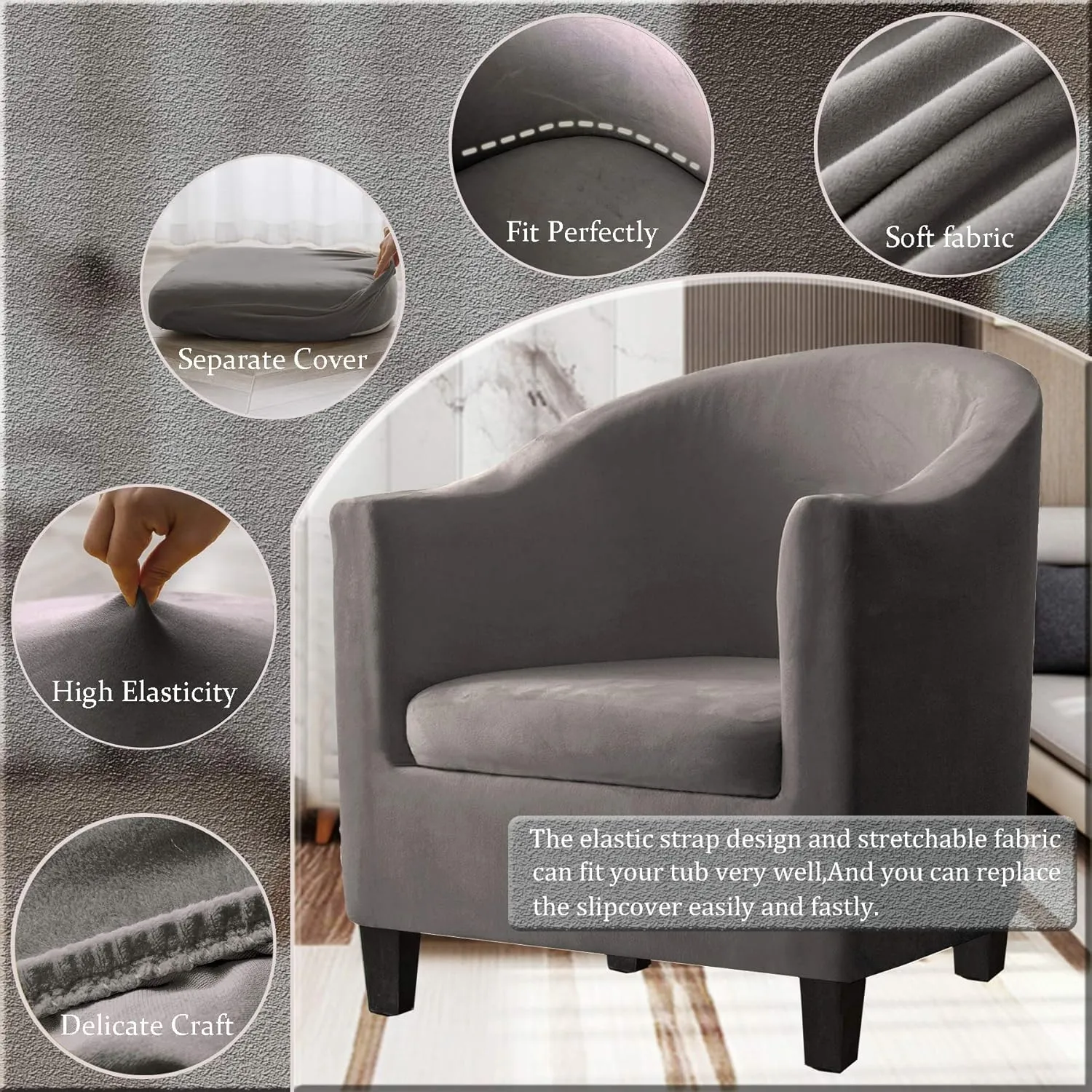 2 Piece Velvet Tub Chair Covers for Armchairs,Spandex Tub Chair Slipcovers,Stretch Tub Chair Slipcover Furniture Protector Cover Sofa Slipcover for Tub Chair (Light Grey,1)