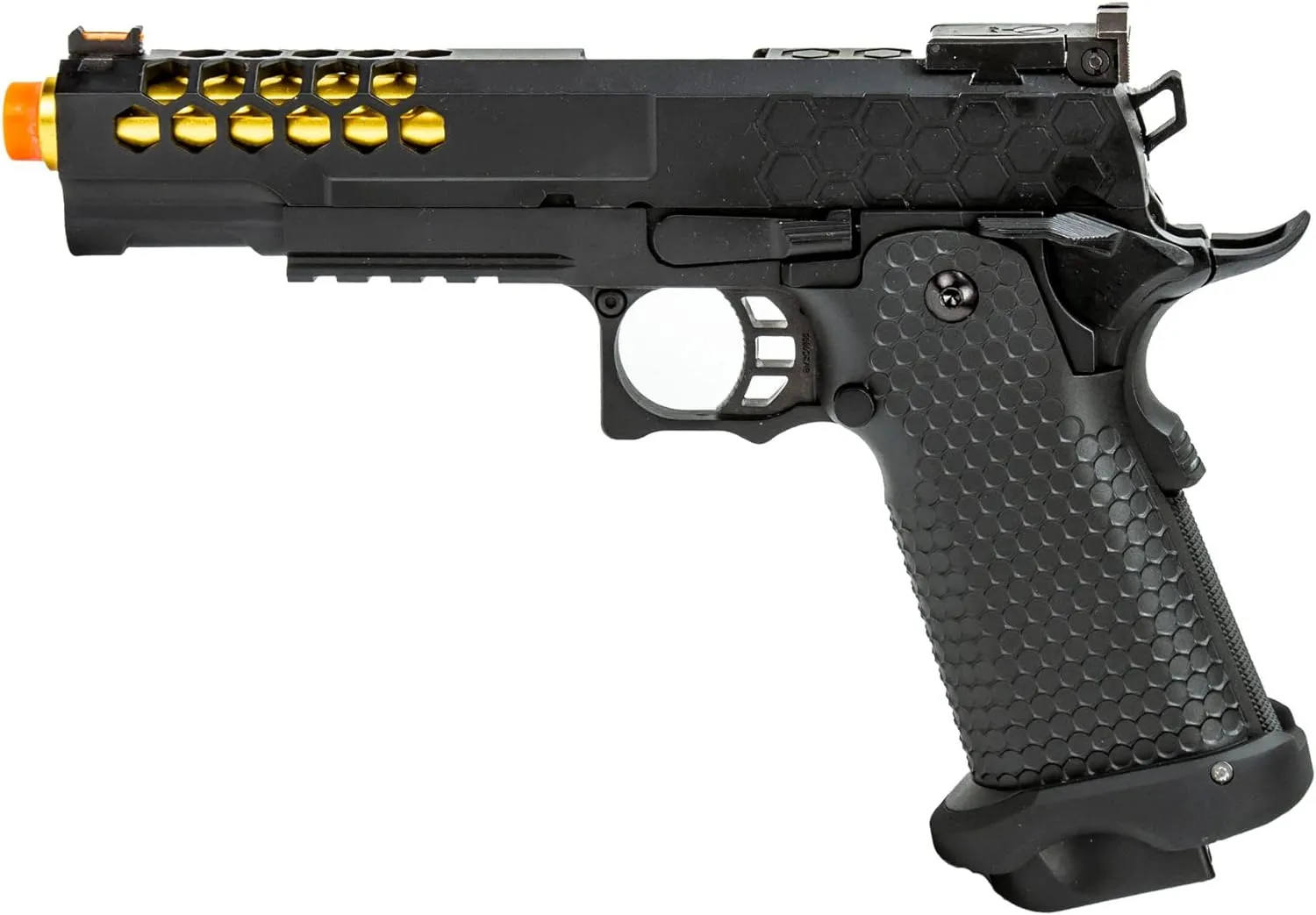 340 FPS Golden Ball x Eagle OTS .45 Hi-Capa Gas Blowback Airsoft Pistol w/Hive Vented Slide (Color: Black/Gold Barrel)