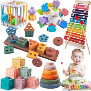 6 in 1 Montessori Baby Toys for 1   Year Old, Infant Sensory Teething Toys for Babies 6-12 Months, Wooden Stacking Building Blocks Shape Sorter, Xylophone Musical Toy, Birthday Gift for Toddlers 1 2 3