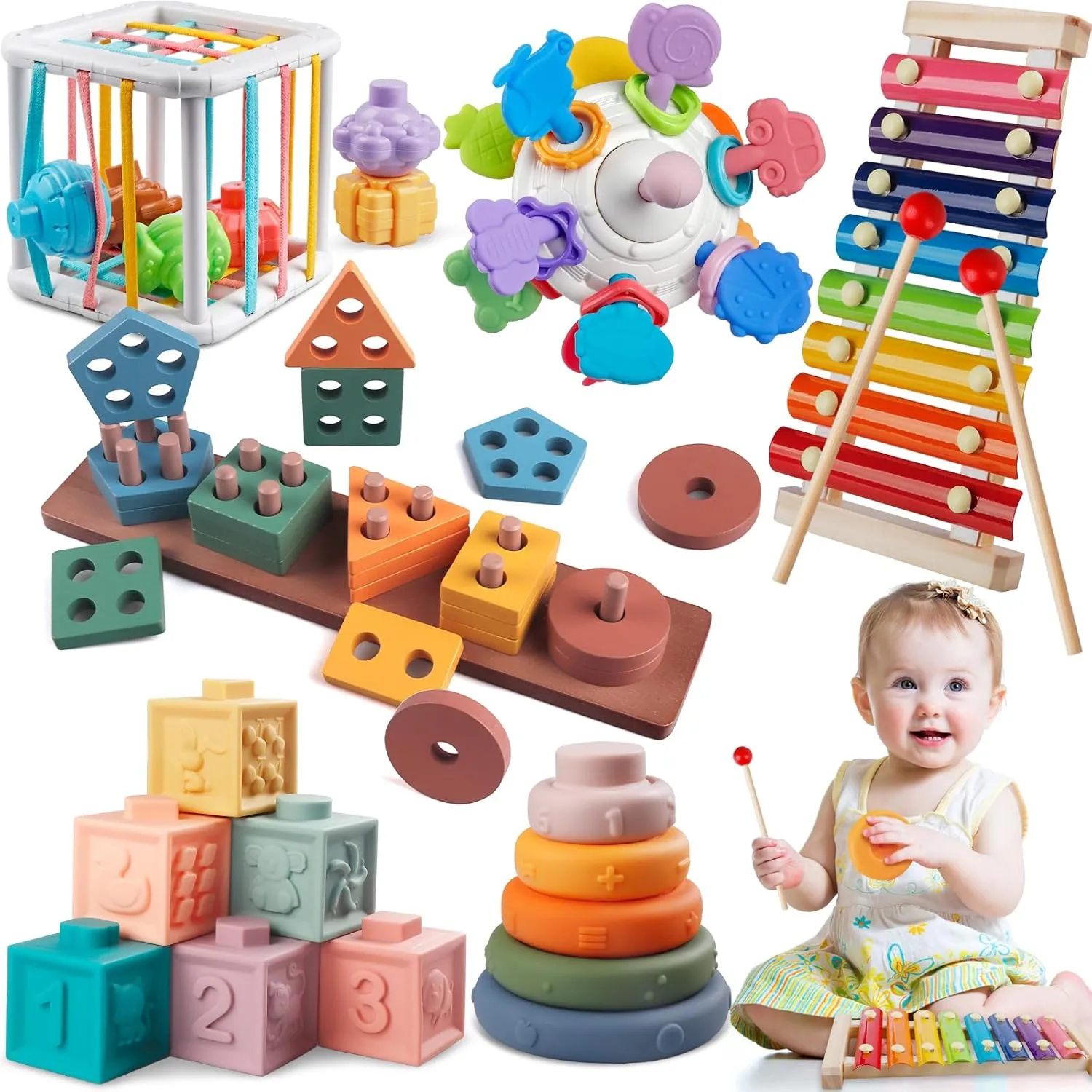 6 in 1 Montessori Baby Toys for 1   Year Old, Infant Sensory Teething Toys for Babies 6-12 Months, Wooden Stacking Building Blocks Shape Sorter, Xylophone Musical Toy, Birthday Gift for Toddlers 1 2 3