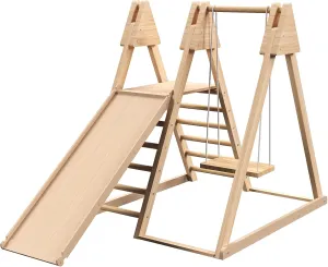 7-in-1 Wooden Jungle Gym Play Set for Toddlers (2-6 years) - Indoor climbing structure with slide, monkey bars, swings, climbing wall and rope ladder - Montessori and Waldorf-inspired active play (01)