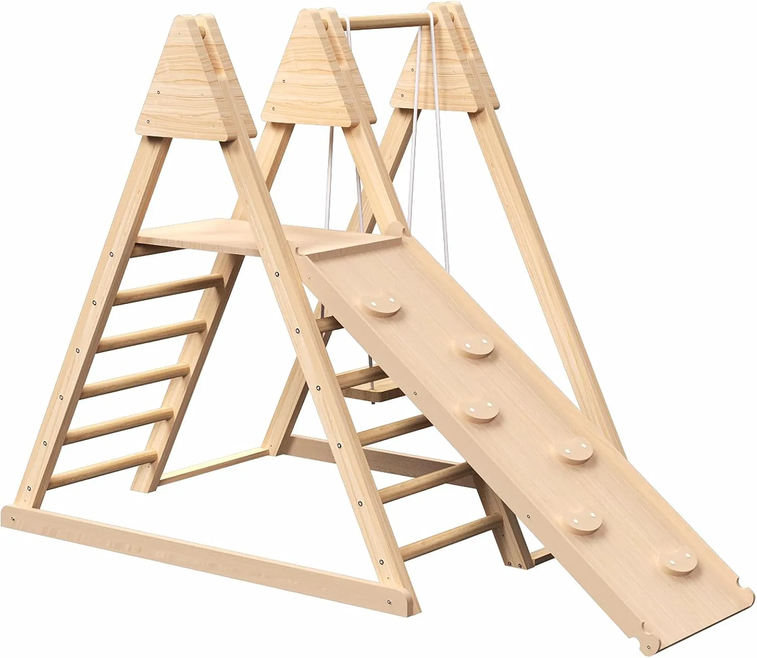 7-in-1 Wooden Jungle Gym Play Set for Toddlers (2-6 years) - Indoor climbing structure with slide, monkey bars, swings, climbing wall and rope ladder - Montessori and Waldorf-inspired active play (01)