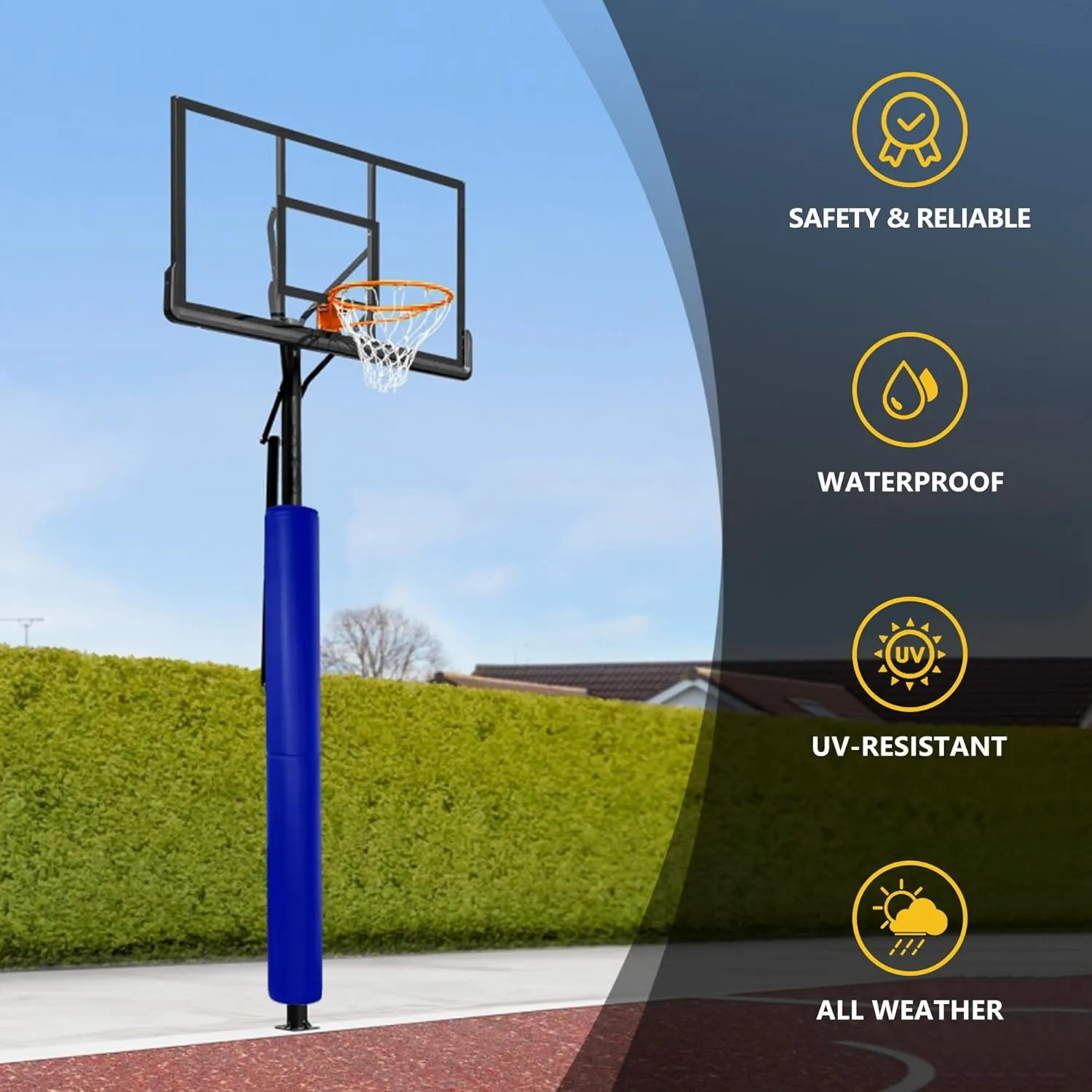 72" Tall Basketball Pole Pad, All-Weather Round Basketball Pole Padding Outdoor, 2" Thick Heavy Duty Wrap-Around Protective Pads for Adjustable & Fixed Height Basketball Hoop Poles