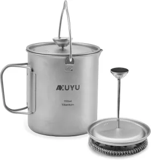 750ml Titanium Pot/Cup with Lid and Foldable Handle French Press Coffee Pot Camping Mug with Filter Multi-Functional Outdoor Camp Cooking Pot