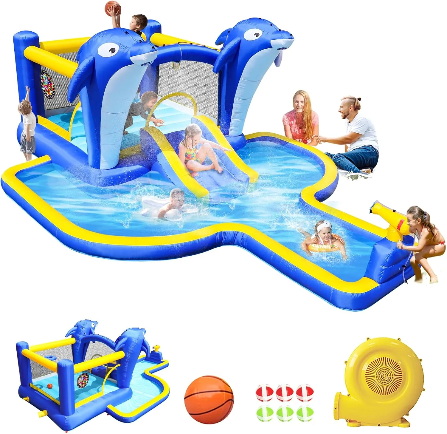 8 in 1 Water Slide Bounce House, Giant Inflatable Water Park for Kids 3-10, Blow Up Water Slides for Backyard Party Gift, Waterslide Bounce House with Blower, Basketball and Target Balls