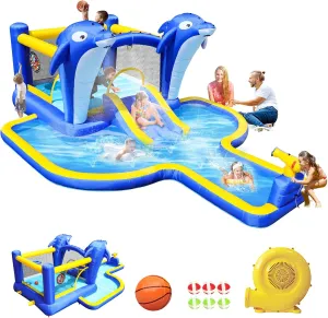 8 in 1 Water Slide Bounce House, Giant Inflatable Water Park for Kids 3-10, Blow Up Water Slides for Backyard Party Gift, Waterslide Bounce House with Blower, Basketball and Target Balls