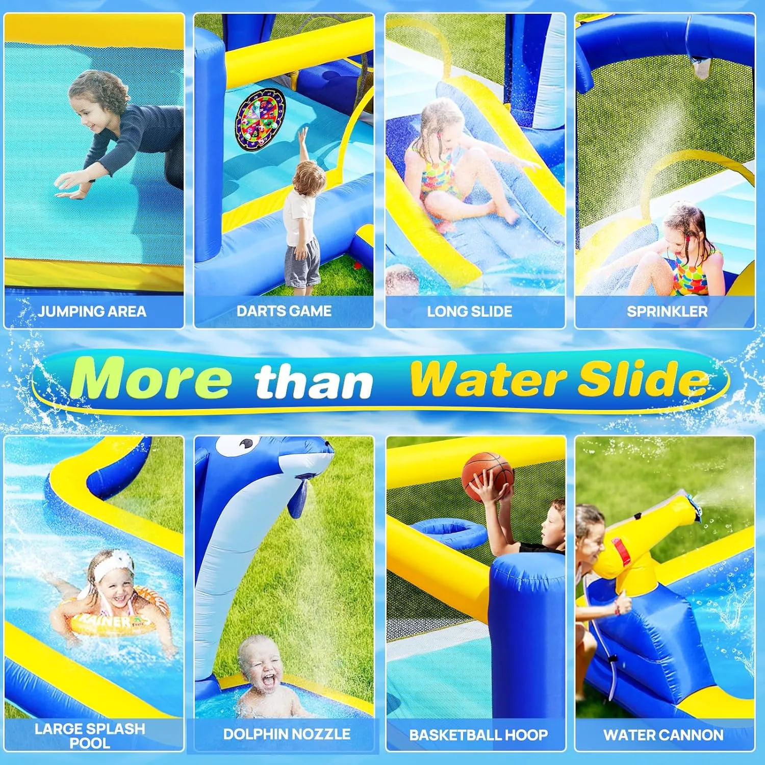 8 in 1 Water Slide Bounce House, Giant Inflatable Water Park for Kids 3-10, Blow Up Water Slides for Backyard Party Gift, Waterslide Bounce House with Blower, Basketball and Target Balls