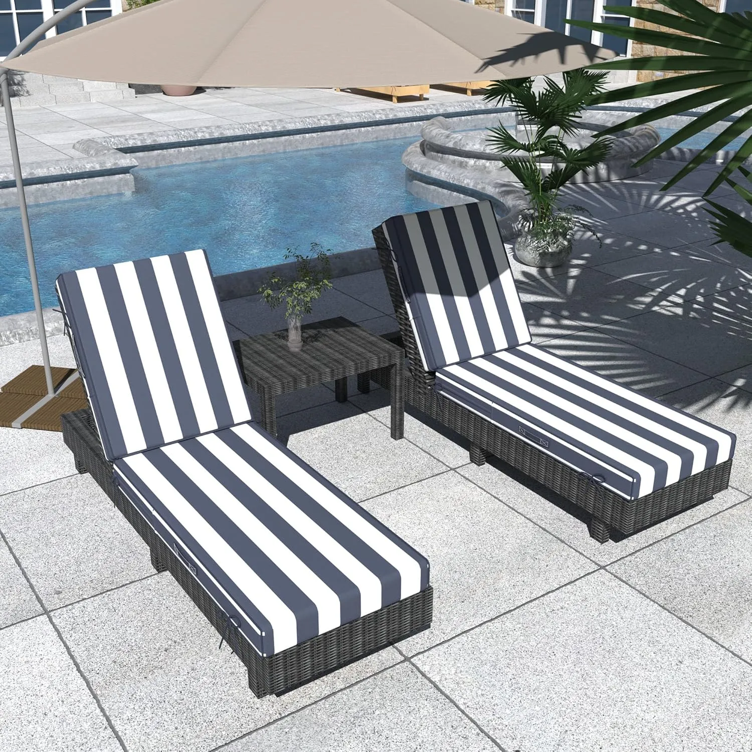 80 x 26in Chaise Lounge Cushions Outdoor Furniture Set of 2 Patio Pool Lounge Chair Cushions 4'' Waterproof Outdoor Double Weather Resistant Detachable Chaise Cushion(Blue Stripe)