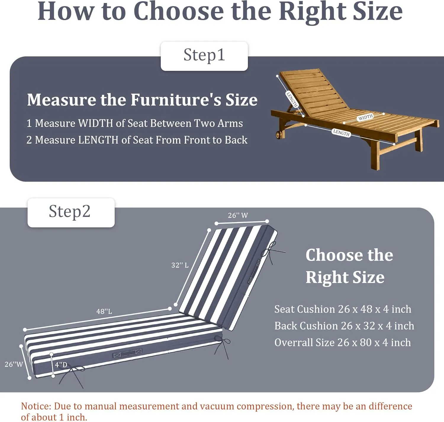80 x 26in Chaise Lounge Cushions Outdoor Furniture Set of 2 Patio Pool Lounge Chair Cushions 4'' Waterproof Outdoor Double Weather Resistant Detachable Chaise Cushion(Blue Stripe)