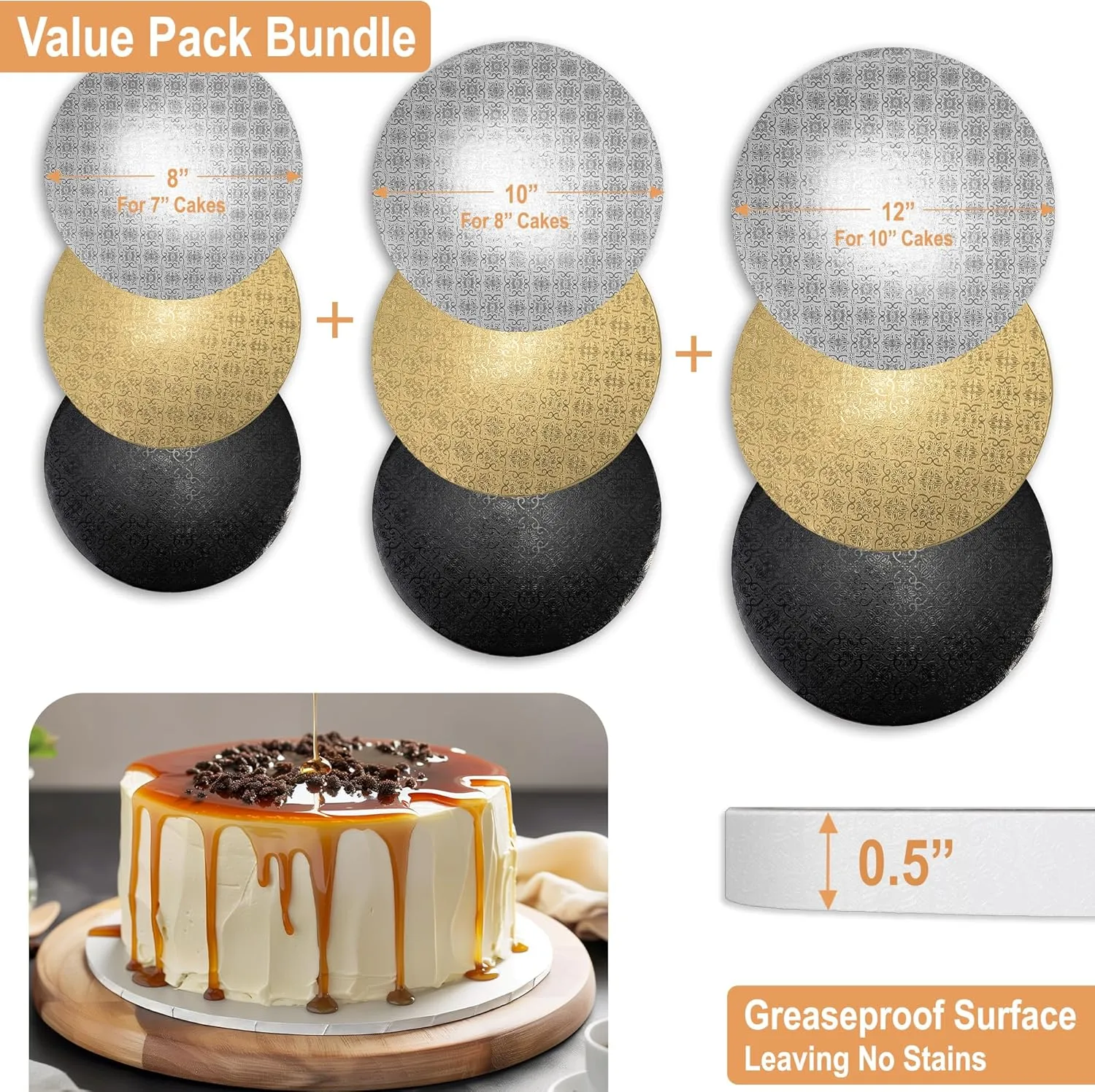 9 Pack Cake Board Drums 8, 10 & 12 Inch in Silver, Gold & Black Color | Free Prop Up Tools Included | Fully Greaseproof 1/2" Thick Cake Circle Rounds | Sturdy for Heavy/Tiered Cakes…
