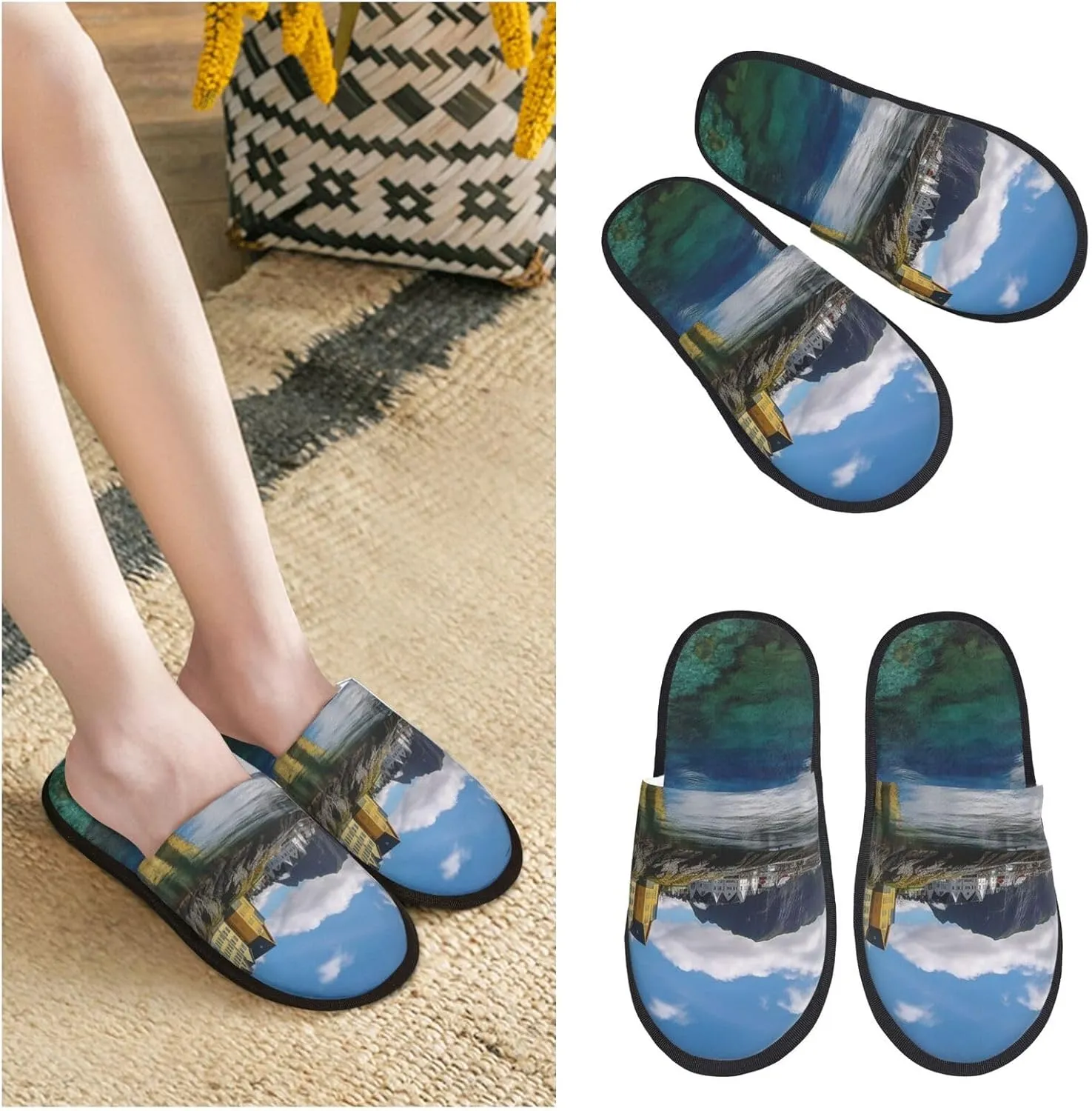 AdaNti Norway Landscape Nature Sea Water Furry Slippers for Men Women Fuzzy Memory Foam Slippers Warm Comfy Slip-on Bedroom Shoes Winter House Shoes for Indoor Outdoor