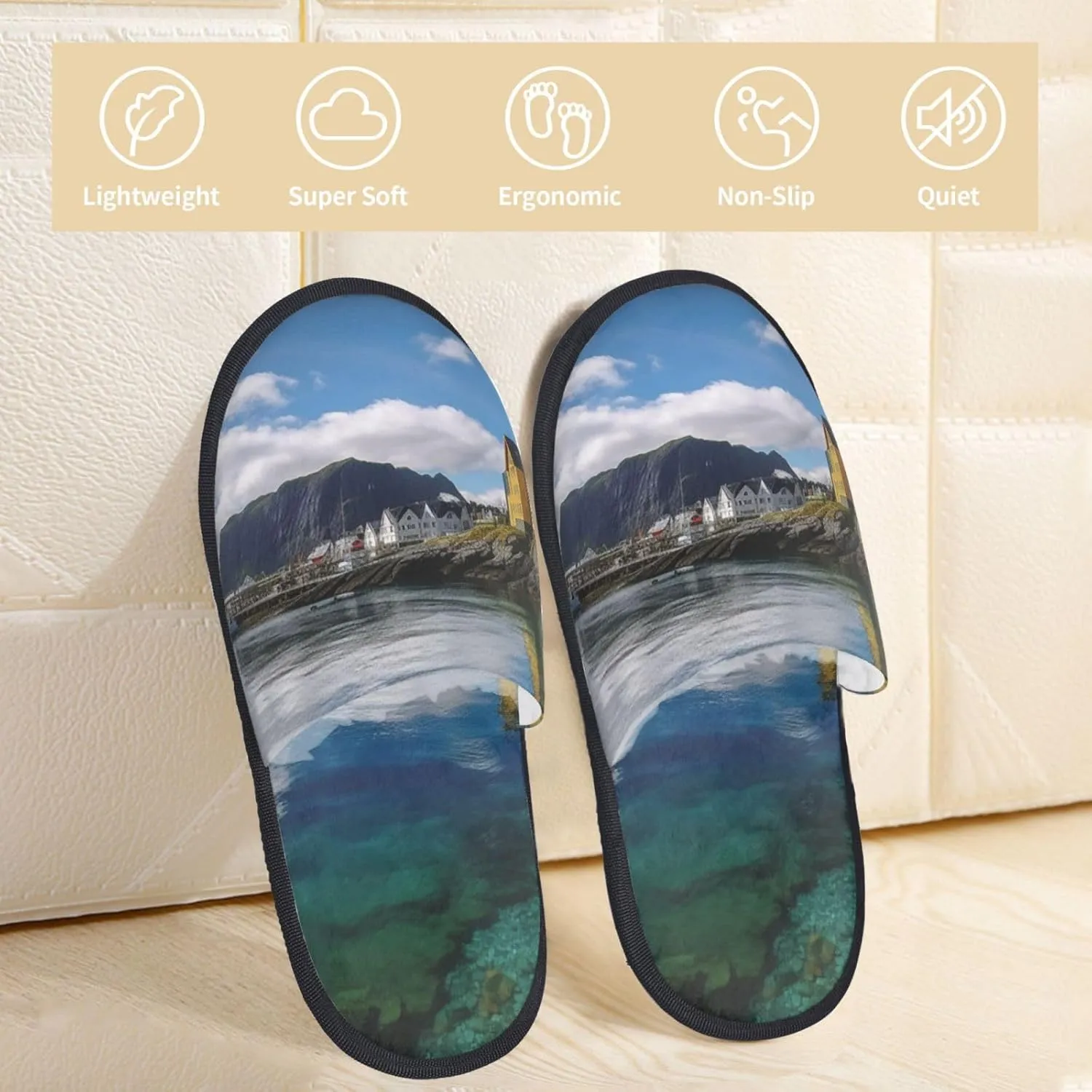 AdaNti Norway Landscape Nature Sea Water Furry Slippers for Men Women Fuzzy Memory Foam Slippers Warm Comfy Slip-on Bedroom Shoes Winter House Shoes for Indoor Outdoor