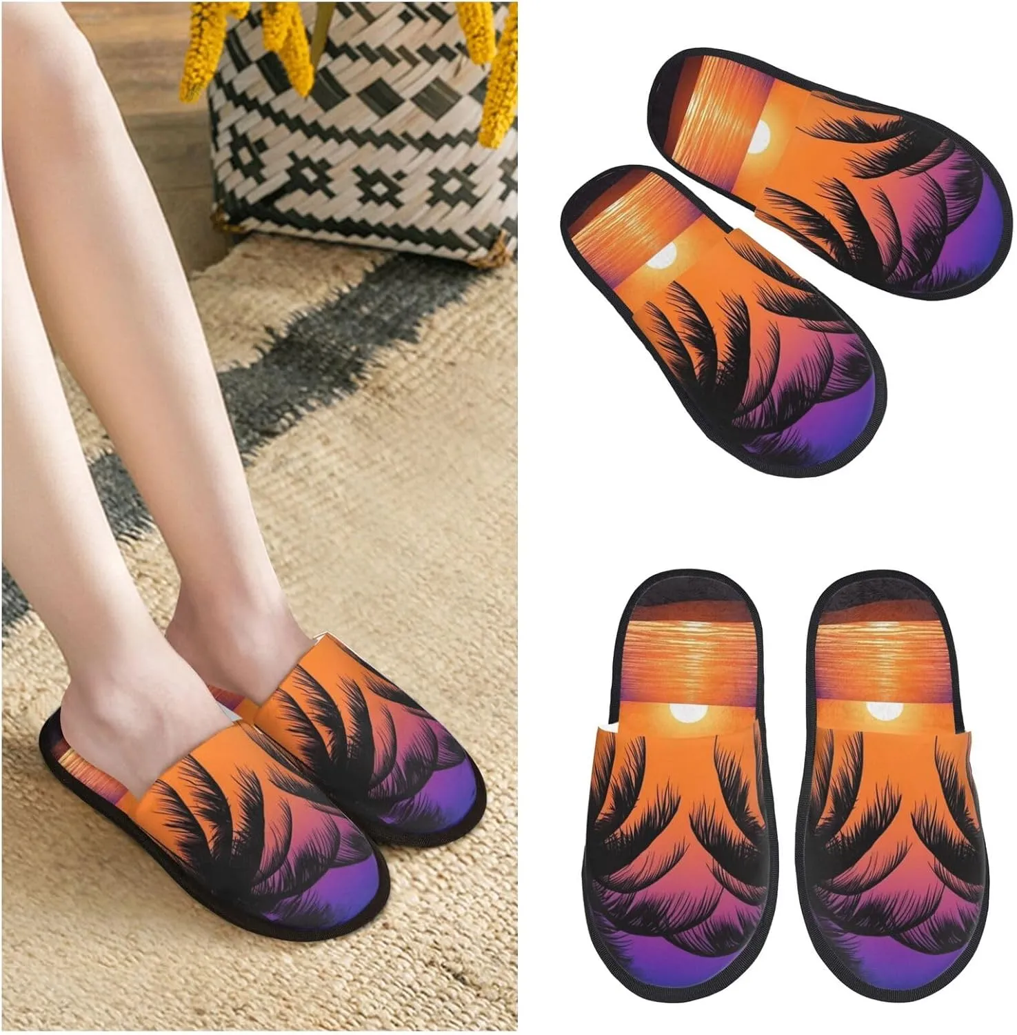 AdaNti Sunset Ocean with Palm Trees Furry Slippers for Men Women Fuzzy Memory Foam Slippers Warm Comfy Slip-on Bedroom Shoes Winter House Shoes for Indoor Outdoor