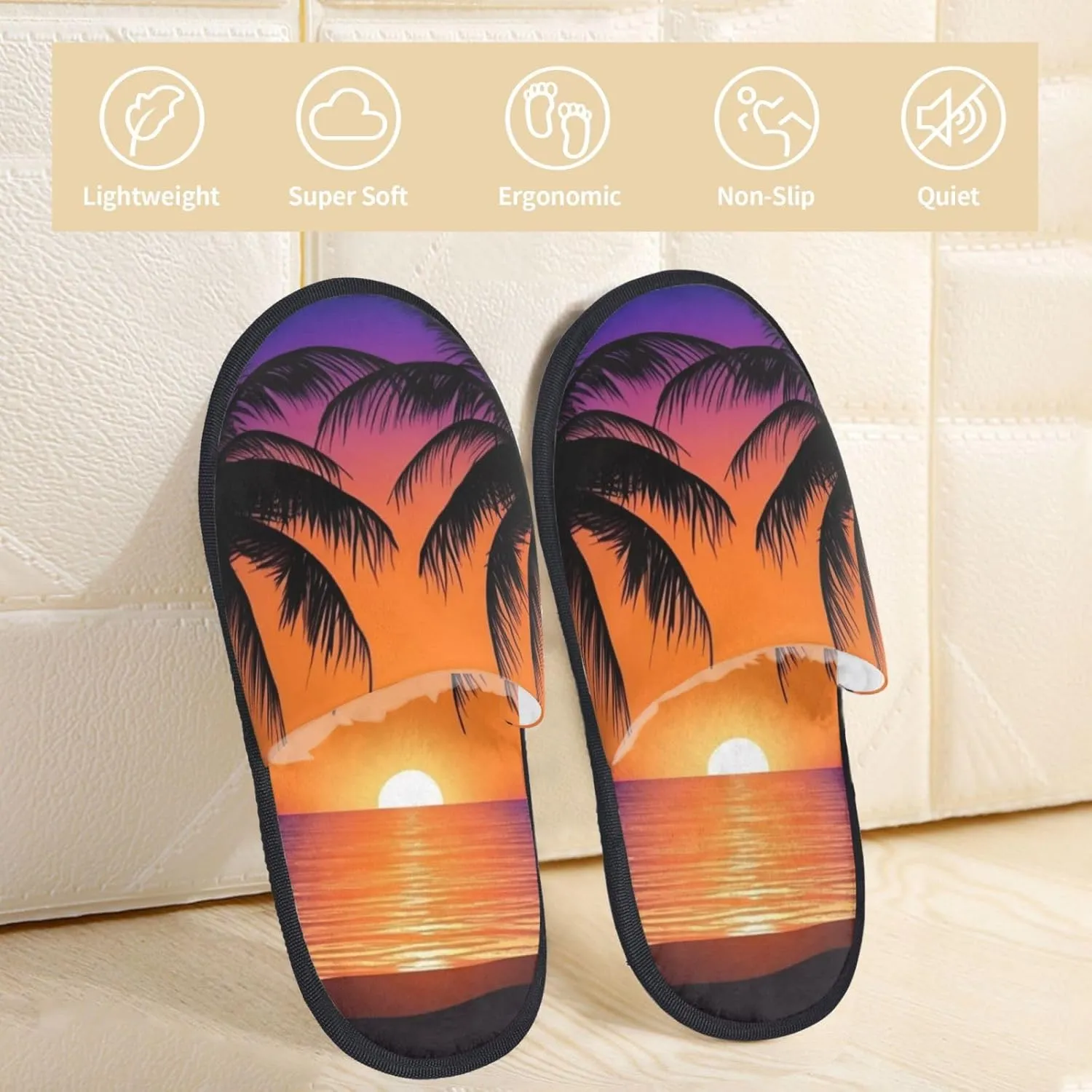 AdaNti Sunset Ocean with Palm Trees Furry Slippers for Men Women Fuzzy Memory Foam Slippers Warm Comfy Slip-on Bedroom Shoes Winter House Shoes for Indoor Outdoor
