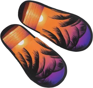 AdaNti Sunset Ocean with Palm Trees Furry Slippers for Men Women Fuzzy Memory Foam Slippers Warm Comfy Slip-on Bedroom Shoes Winter House Shoes for Indoor Outdoor