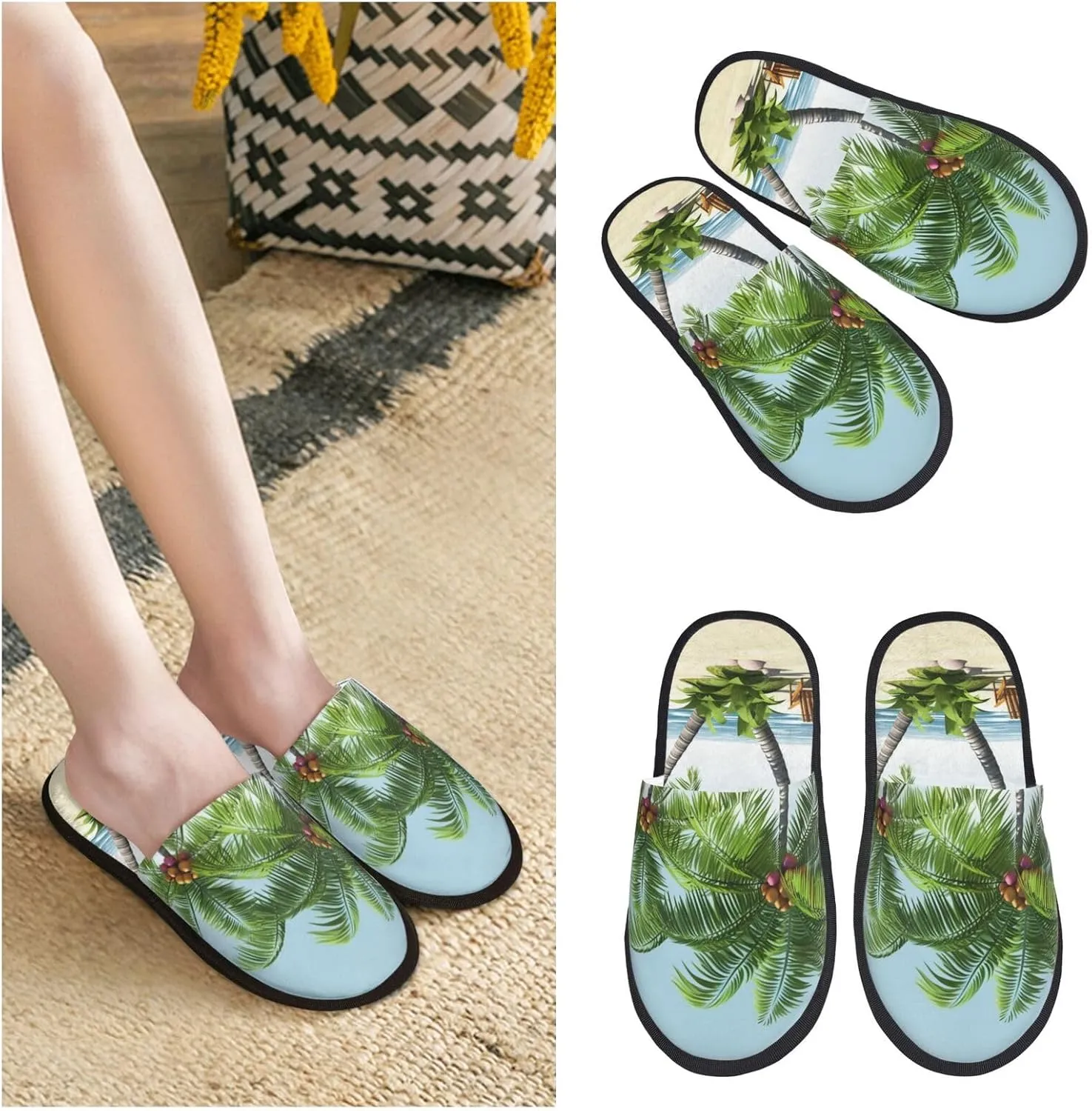 AdaNti Tropical Palm Tree Furry Slippers for Men Women Fuzzy Memory Foam Slippers Warm Comfy Slip-on Bedroom Shoes Winter House Shoes for Indoor Outdoor
