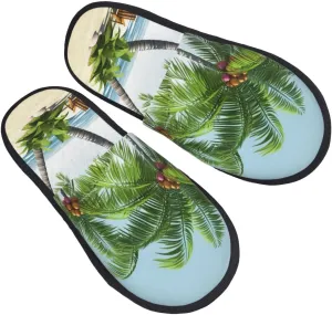AdaNti Tropical Palm Tree Furry Slippers for Men Women Fuzzy Memory Foam Slippers Warm Comfy Slip-on Bedroom Shoes Winter House Shoes for Indoor Outdoor