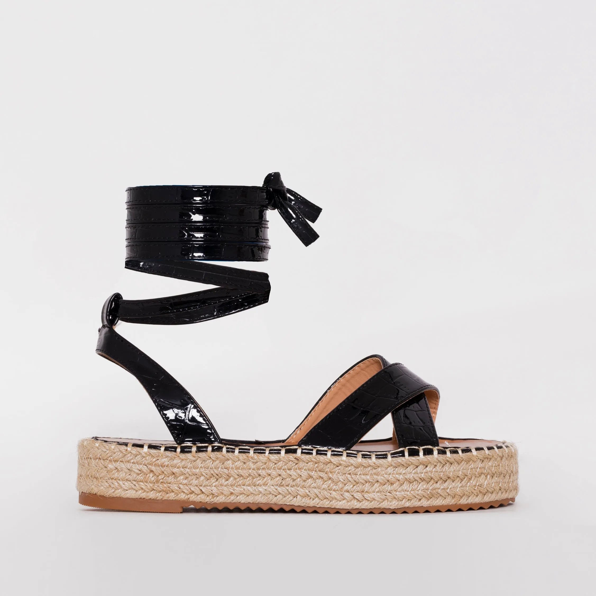 Adira Black Faux Croc Print Lace Up Espadrille Flatforms