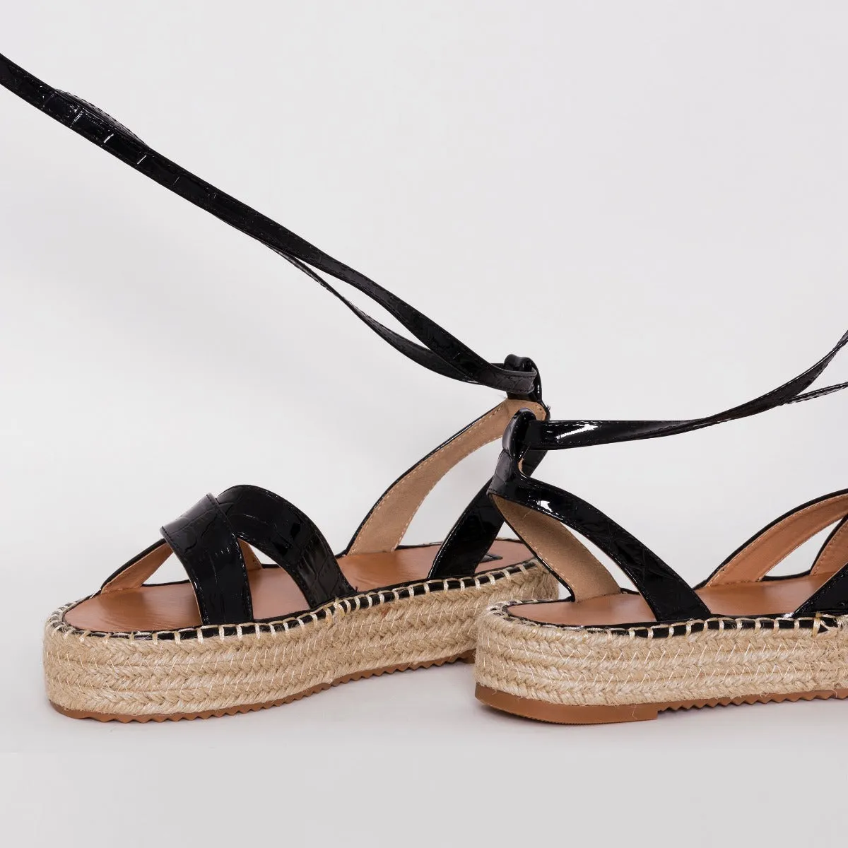 Adira Black Faux Croc Print Lace Up Espadrille Flatforms