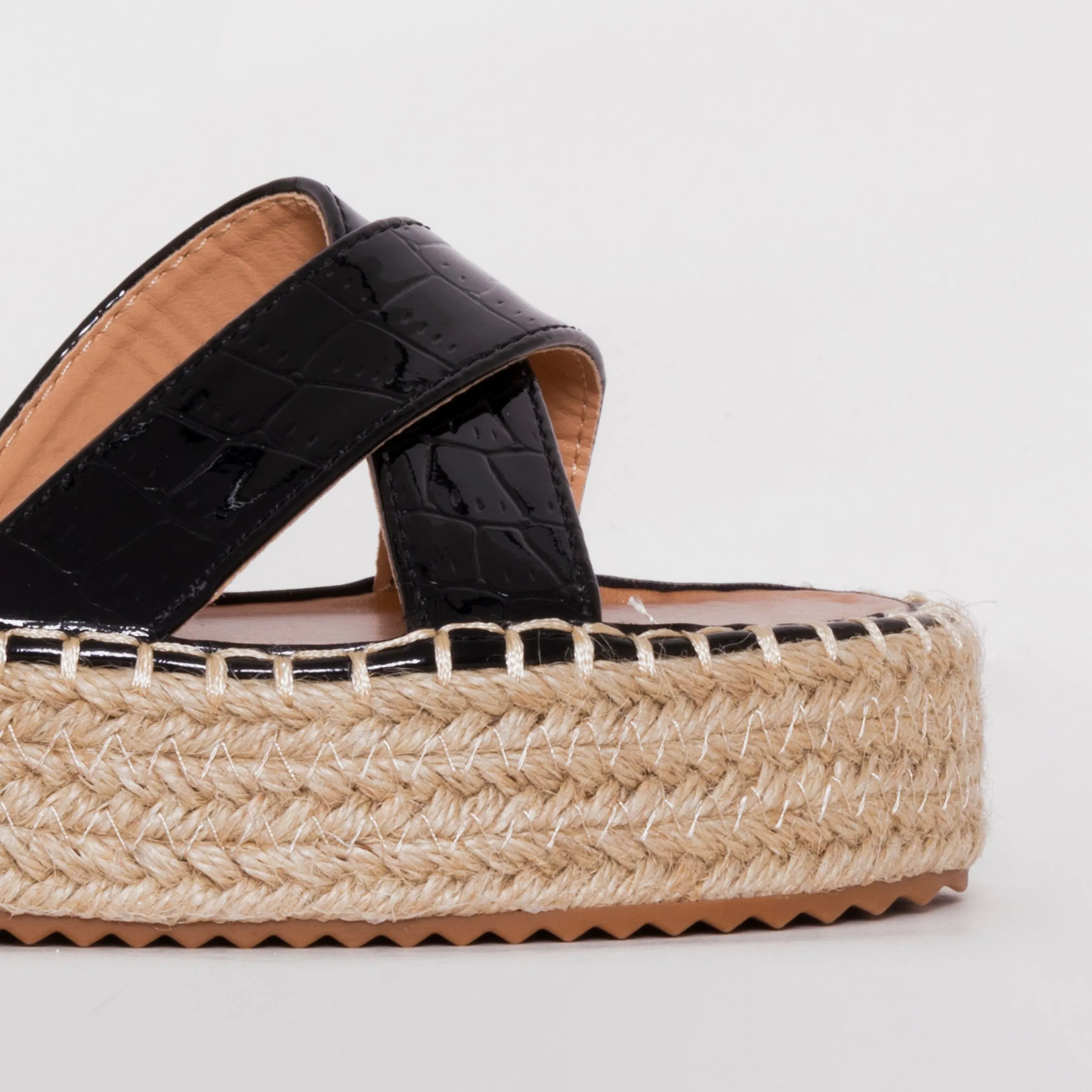 Adira Black Faux Croc Print Lace Up Espadrille Flatforms