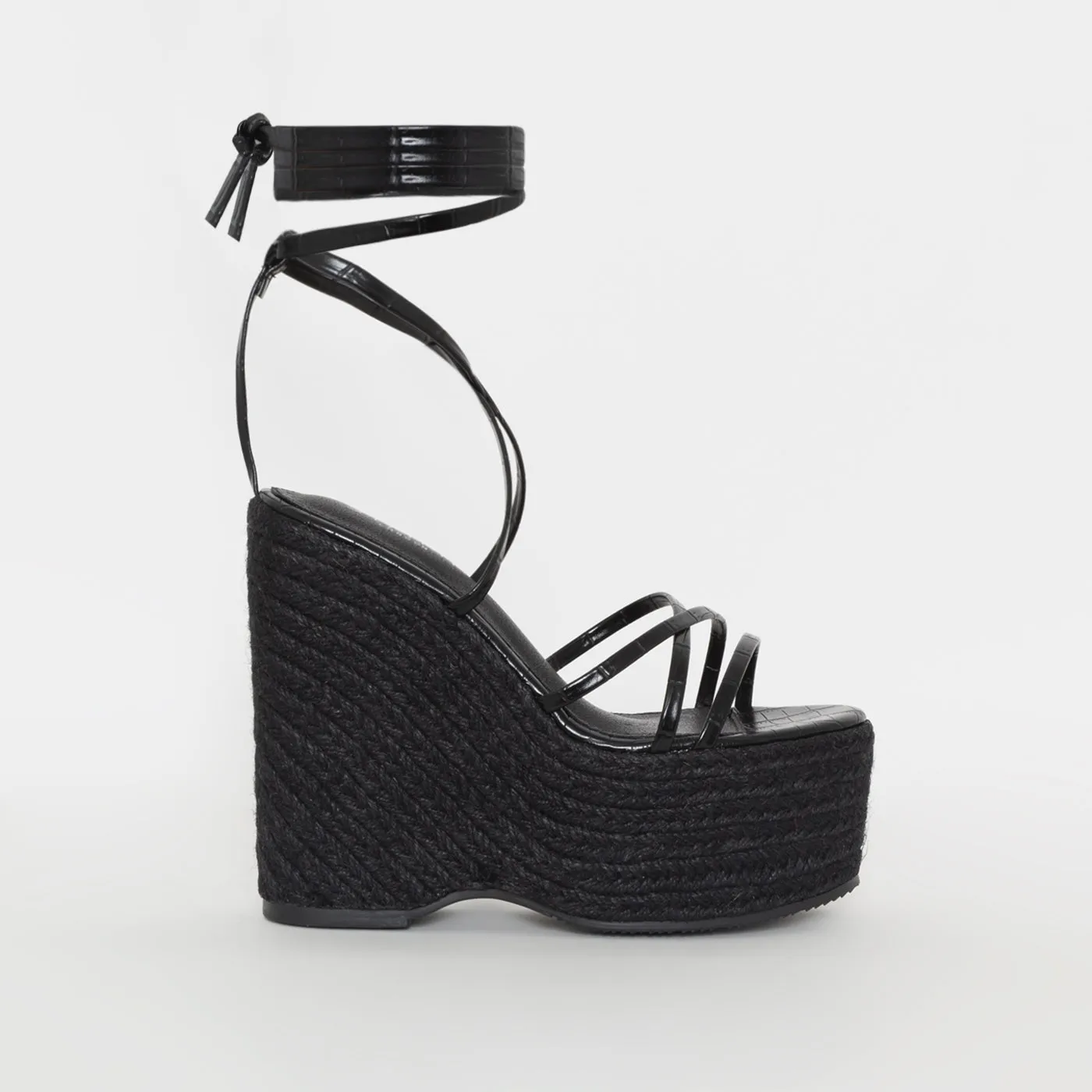 Alessia Black Faux Croc Print Lace Up Espadrille Wedges