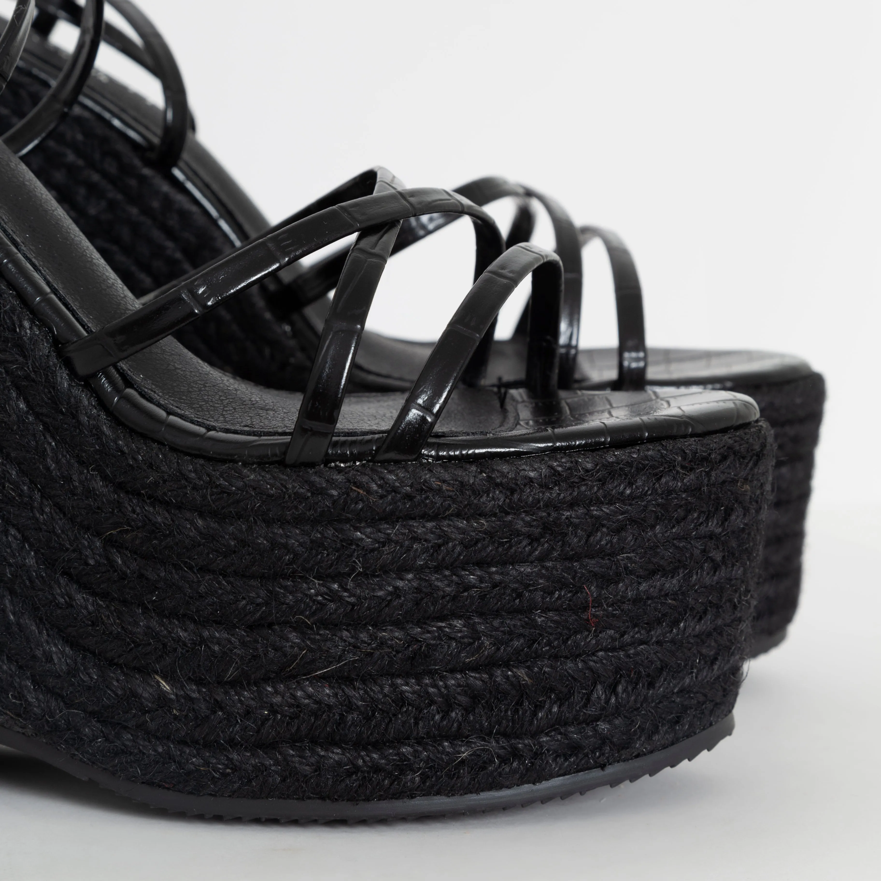 Alessia Black Faux Croc Print Lace Up Espadrille Wedges