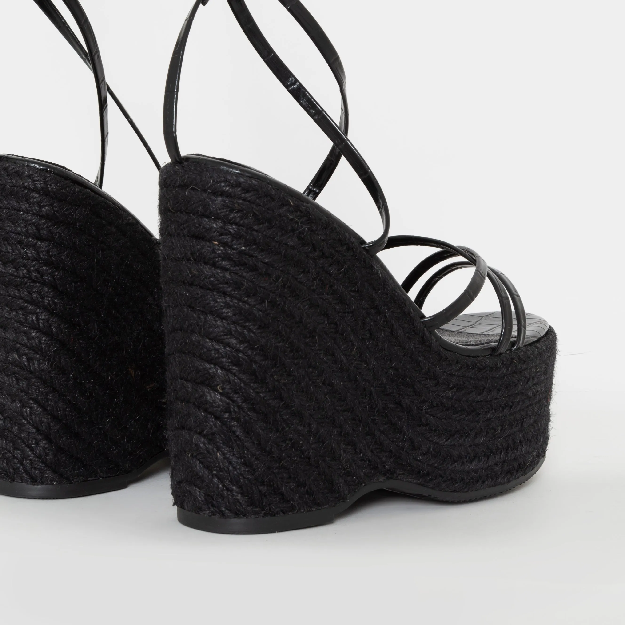 Alessia Black Faux Croc Print Lace Up Espadrille Wedges