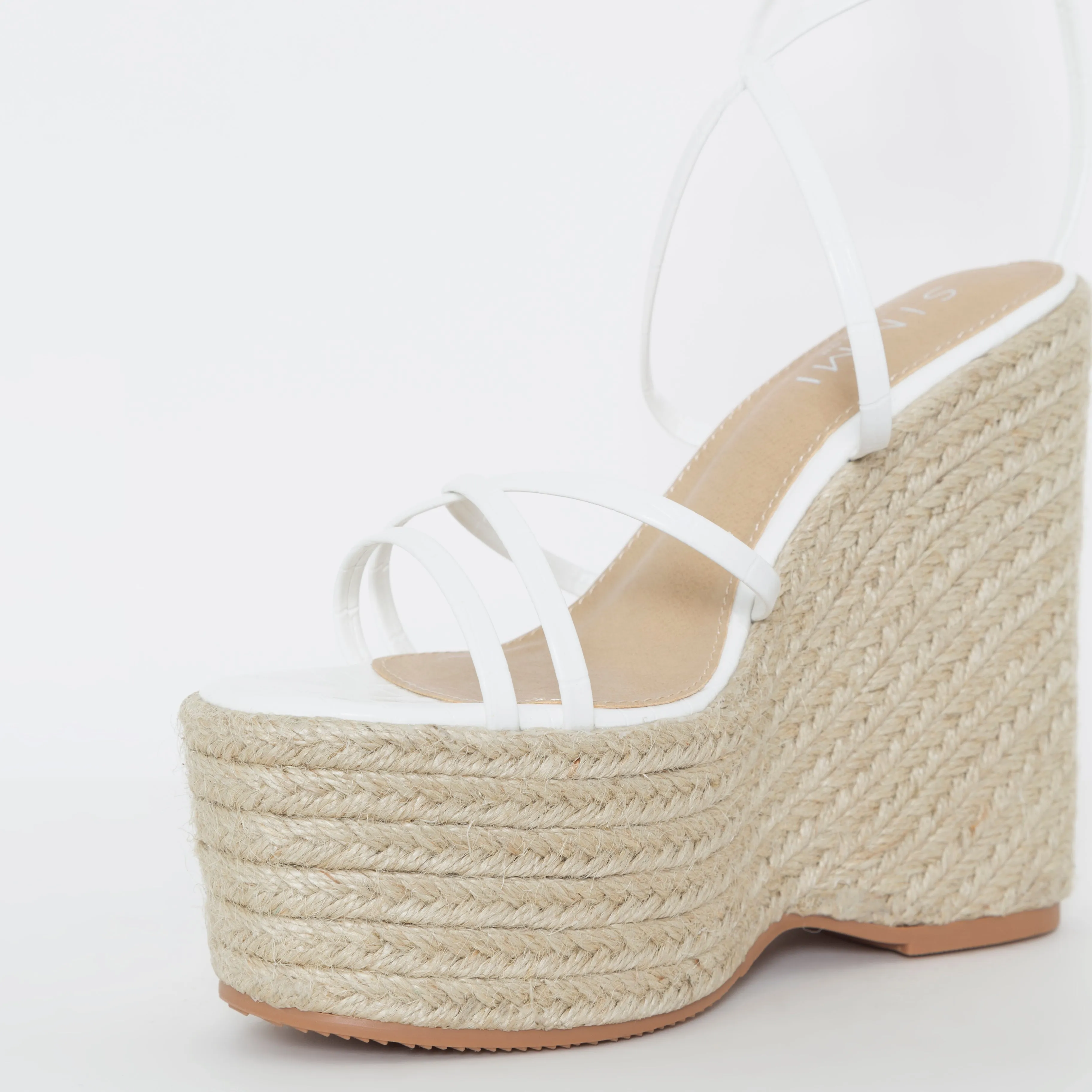 Alessia White Faux Croc Print Lace Up Espadrille Wedges