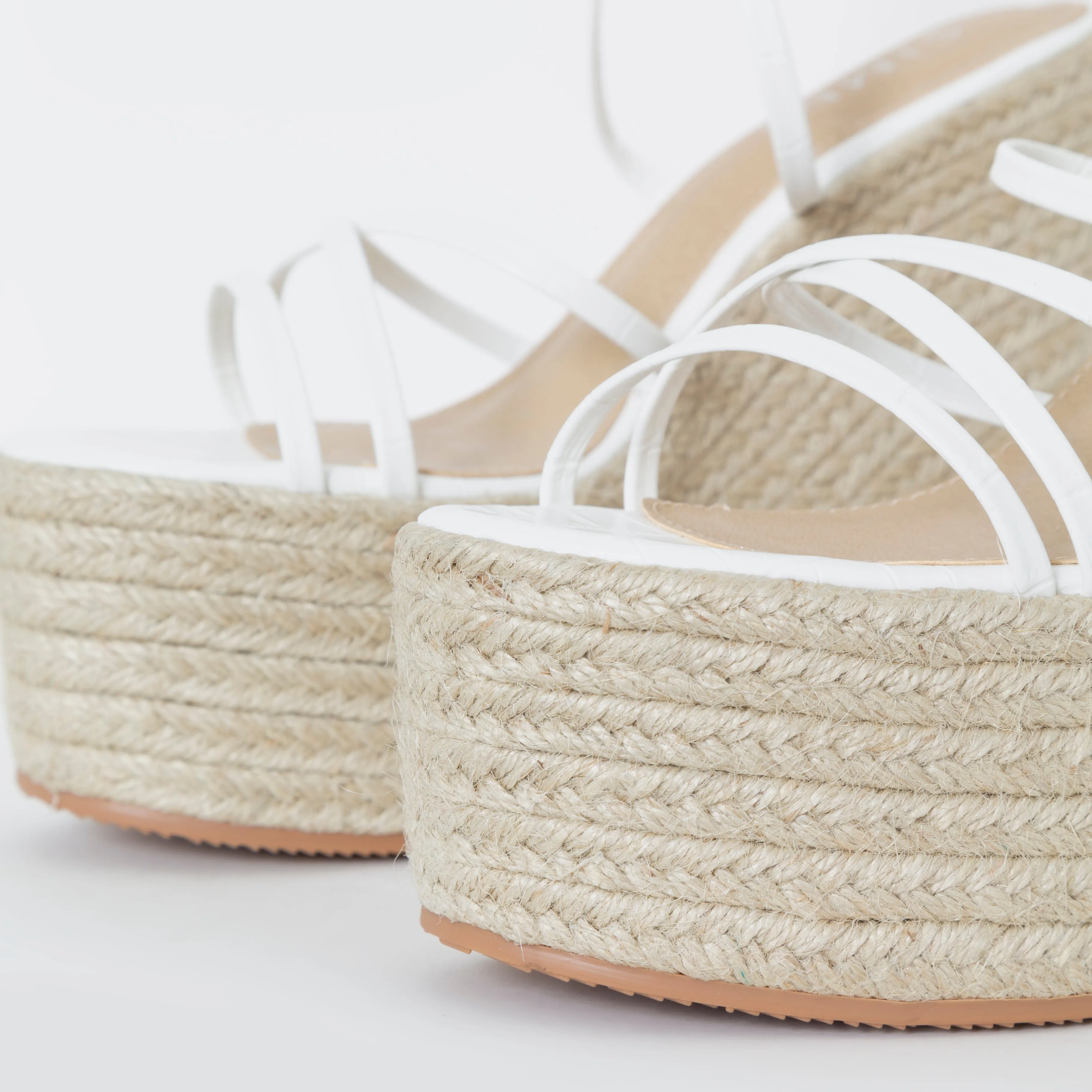 Alessia White Faux Croc Print Lace Up Espadrille Wedges