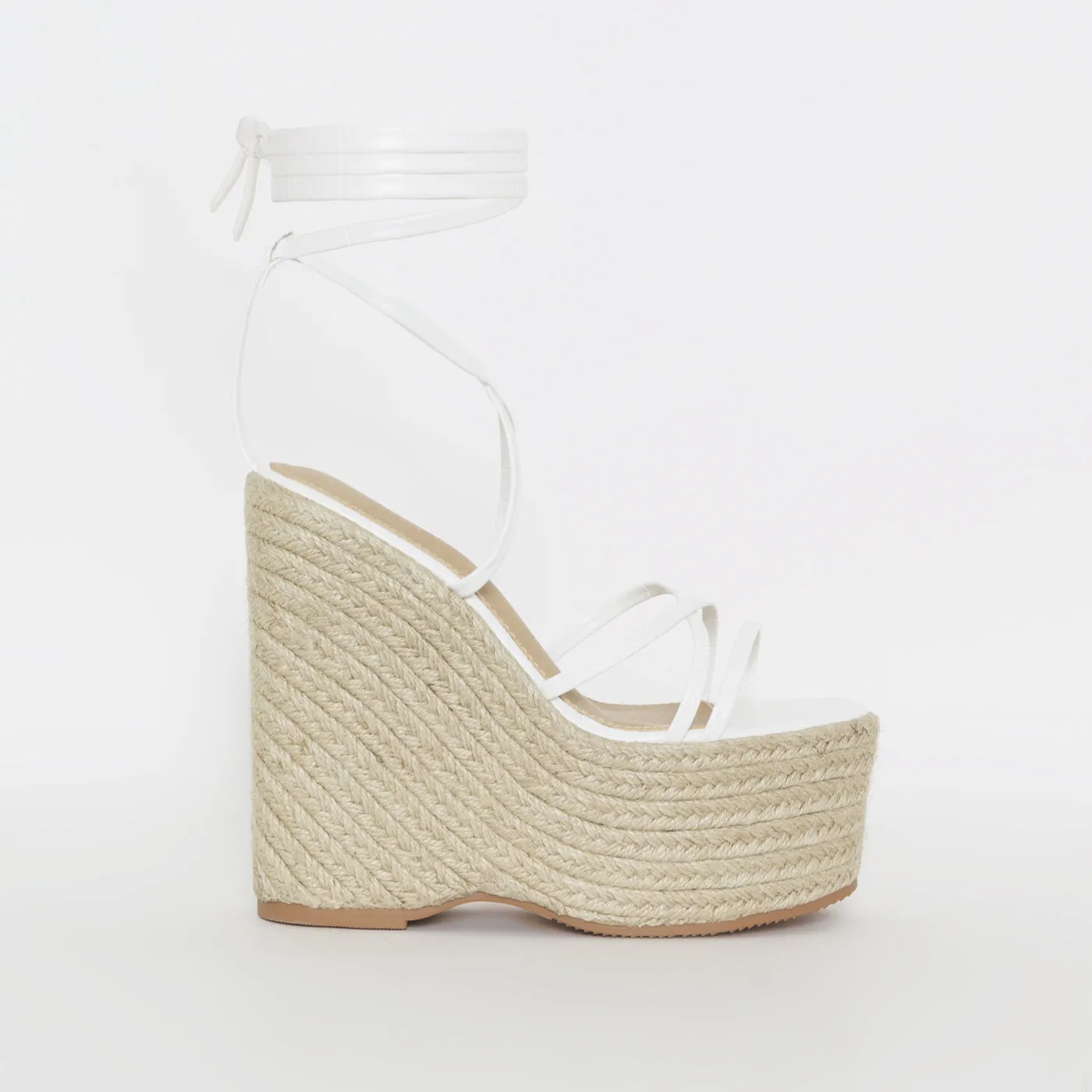Alessia White Faux Croc Print Lace Up Espadrille Wedges