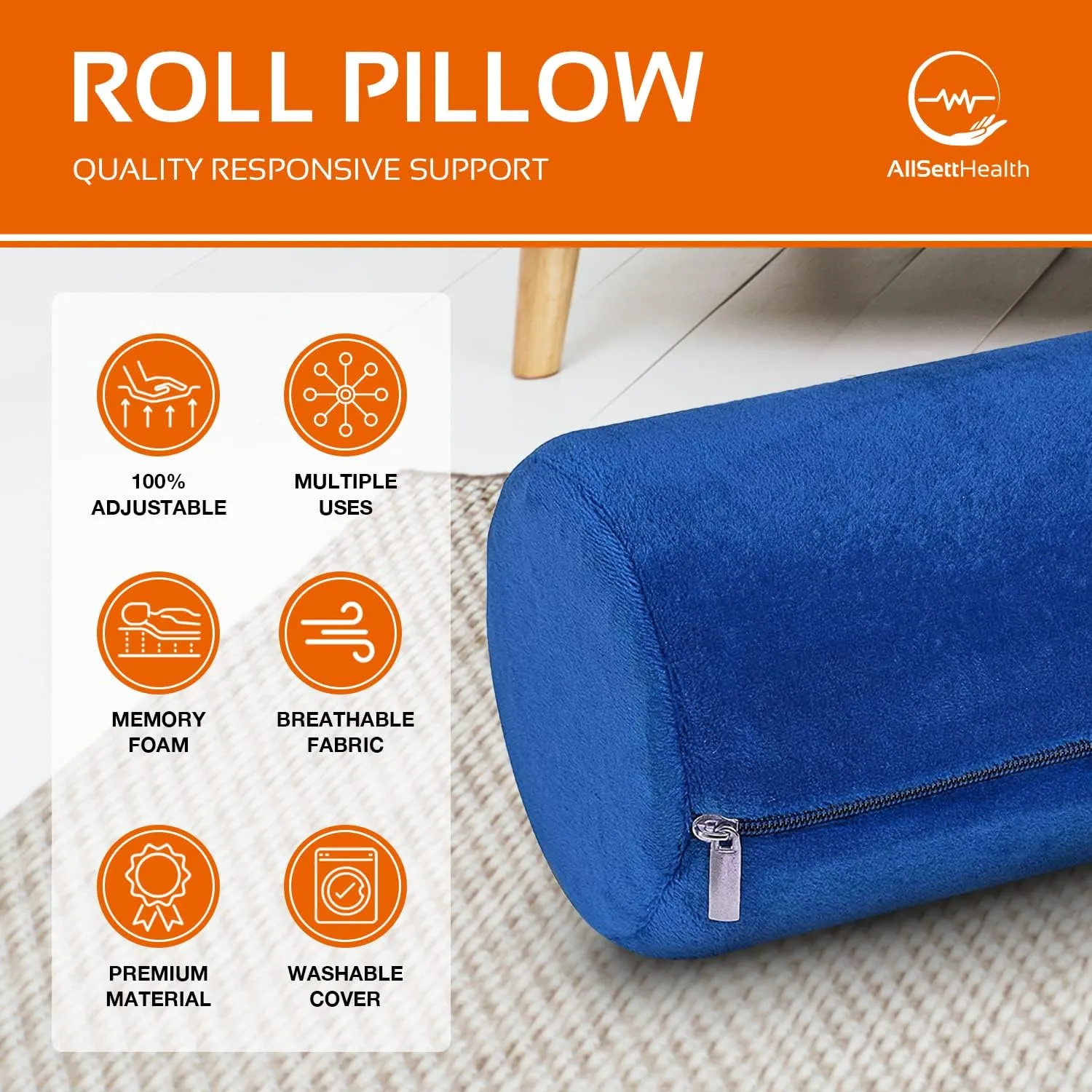 AllSett Health Cervical Neck Roll Memory Foam Pillow, Bolster Pillow, Round Neck Pillows Support for Sleeping | Bolster Pillow for Bed, Legs, Back and Yoga, Blue Washabe Cover