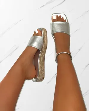 Alohi Silver Cracked Espadrille Flatform Slides