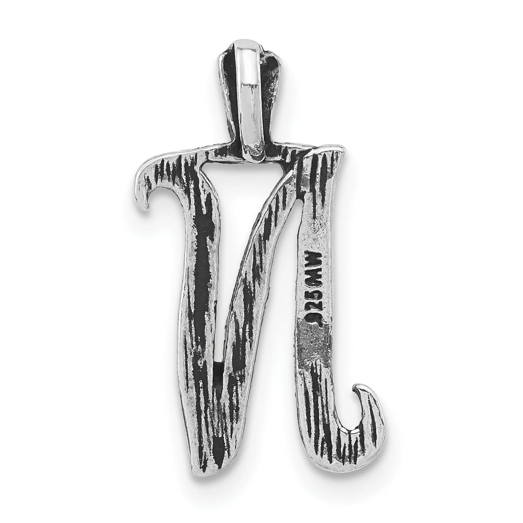 Antiqued and Textured Letter N Chain Slide Charm Pendant in Real 925 Sterling Silver