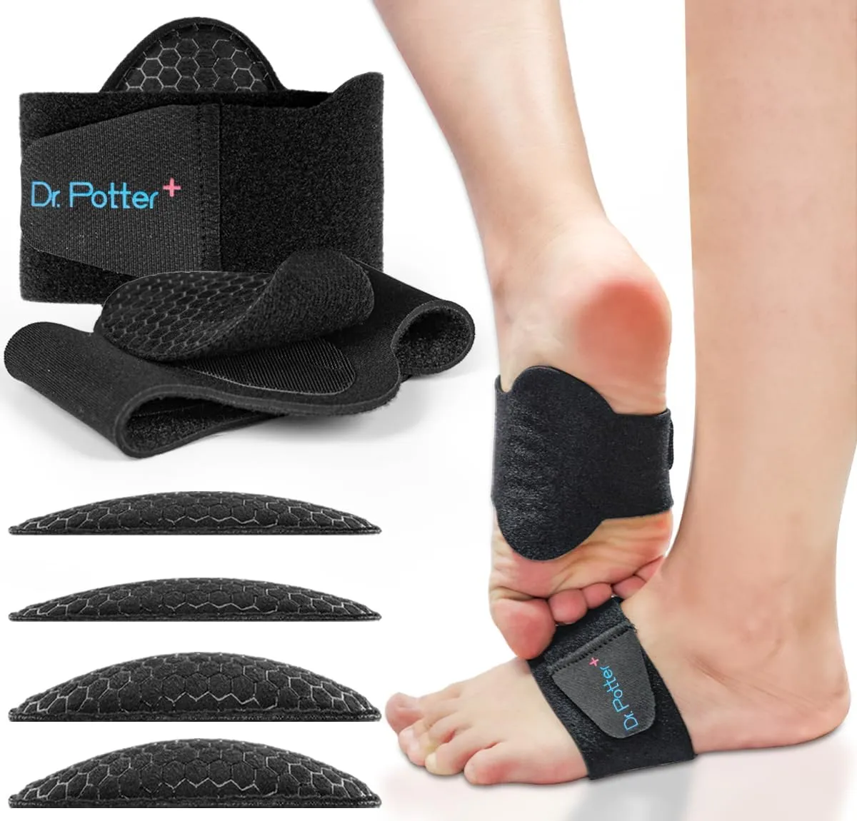 Arch Support Sleeves for Plantar Fasciitis Relief, Adjustable Compression Bands with Removable Arch Support Pads for Fallen Arches, High Arch, Flat Feet, Feet Pain Relief - Black