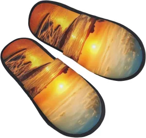 Beach and sunset Furry Slippers for Men Women Fuzzy Memory Foam Slippers Warm Comfy Slip-on Bedroom Shoes Winter House Shoes for Indoor Outdoor Medium
