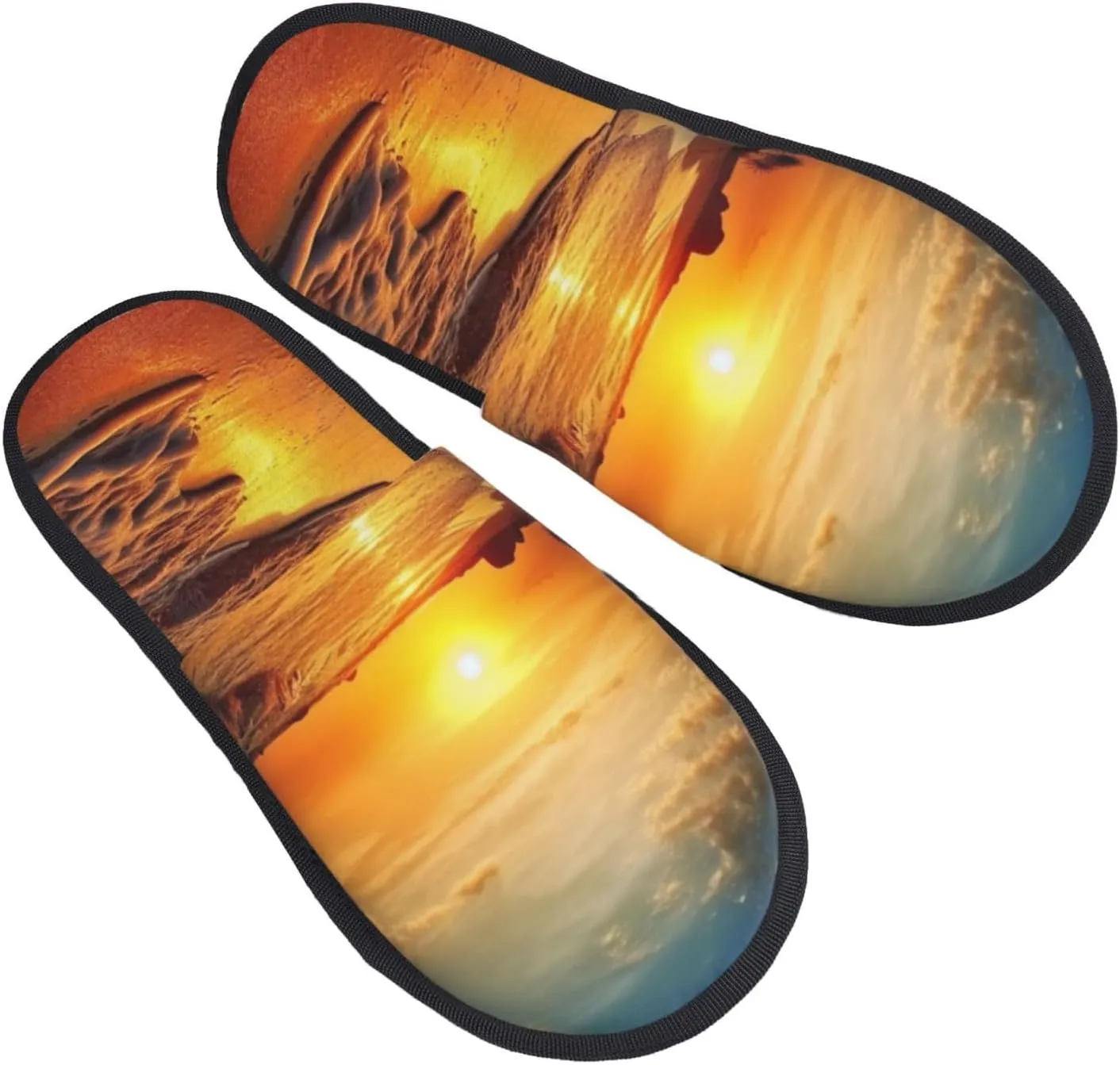 Beach and sunset Furry Slippers for Men Women Fuzzy Memory Foam Slippers Warm Comfy Slip-on Bedroom Shoes Winter House Shoes for Indoor Outdoor Medium