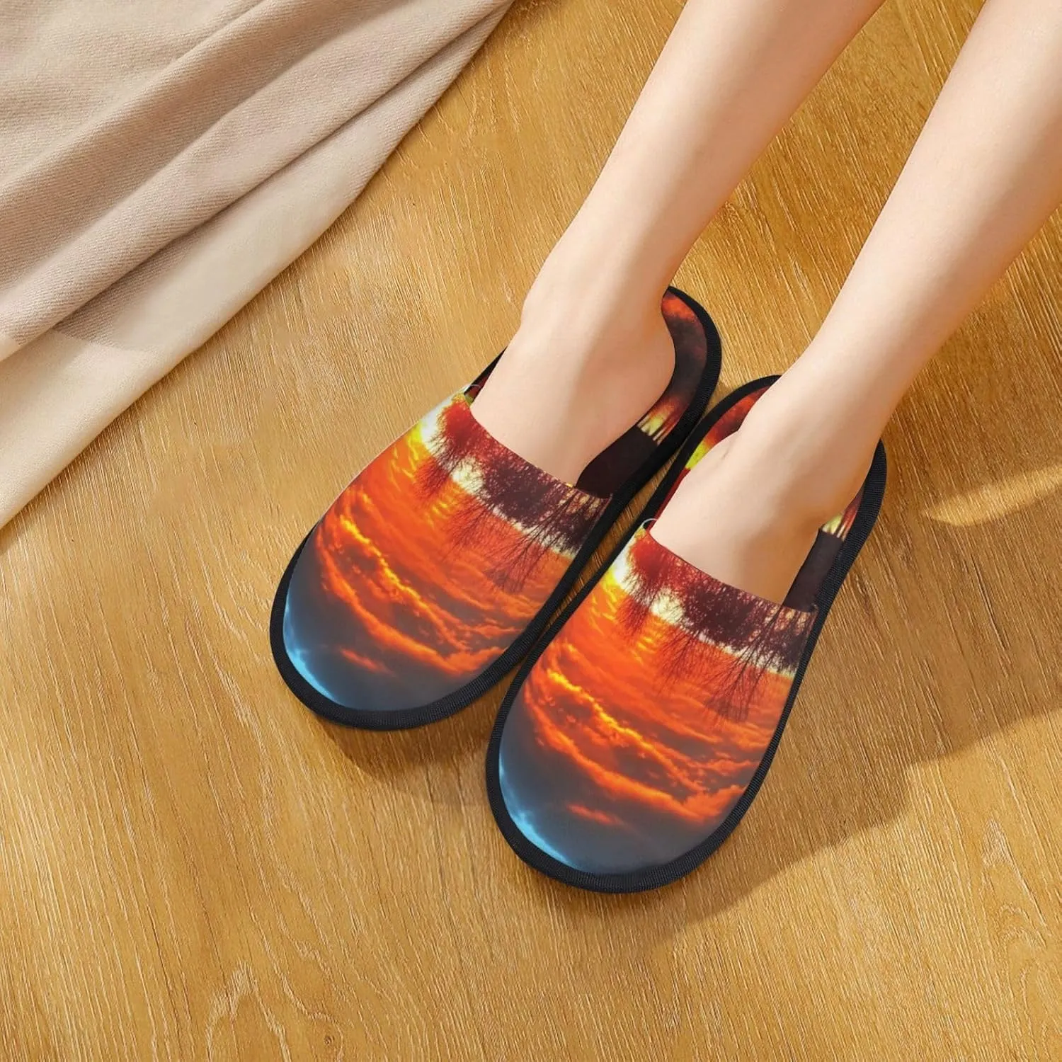 Beautiful sunset Furry Slippers for Men Women Fuzzy Memory Foam Slippers Warm Comfy Slip-on Bedroom Shoes Winter House Shoes for Indoor Outdoor