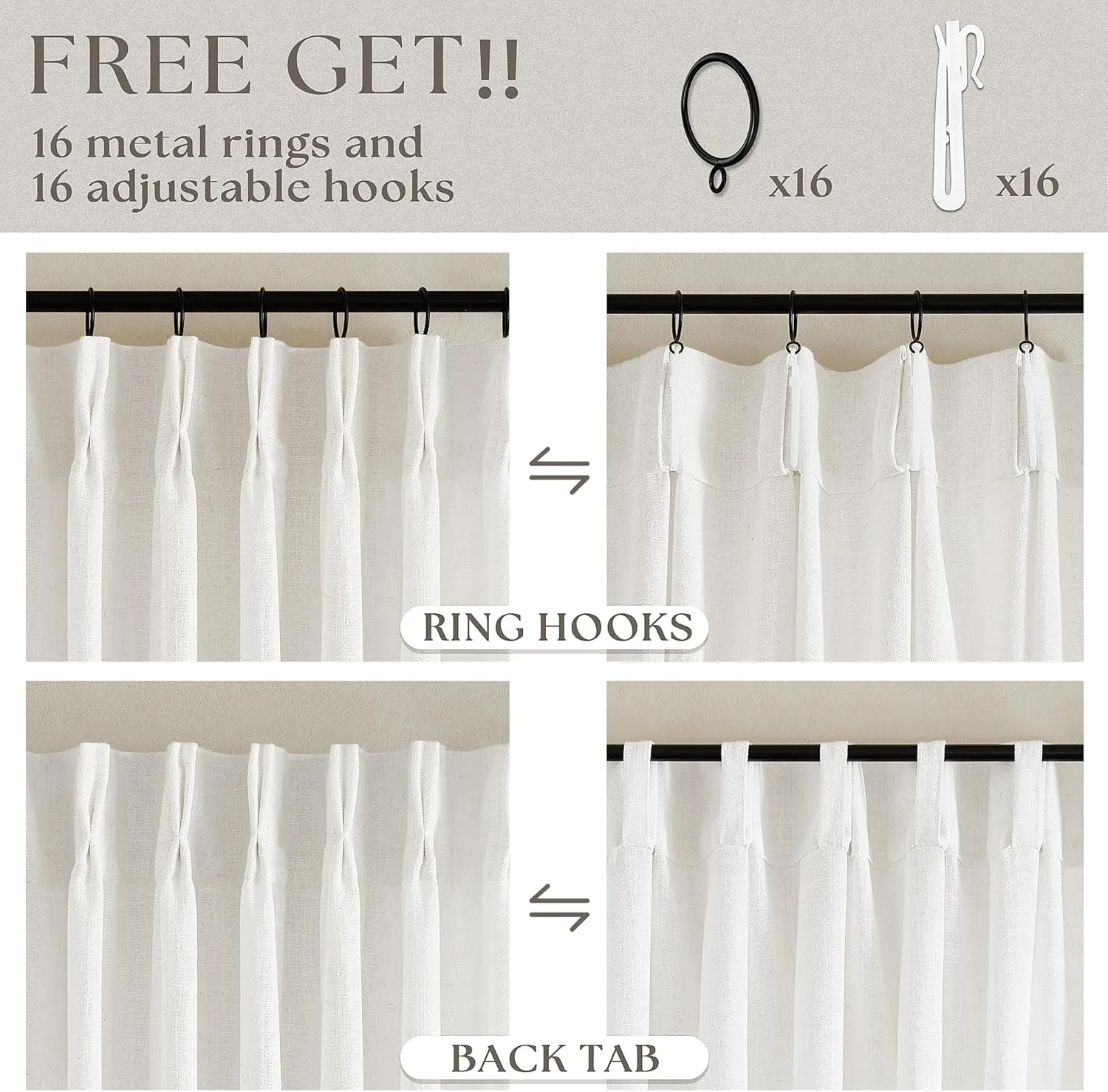 Beige White Linen Curtains Pinch Pleated 84 Inches Long for Living Room Bedroom Pleat with Rings Back Tab Semi Sheer Curtains 84 Inch Length 2 Panels Set Light Filtering Farmhouse Drapes