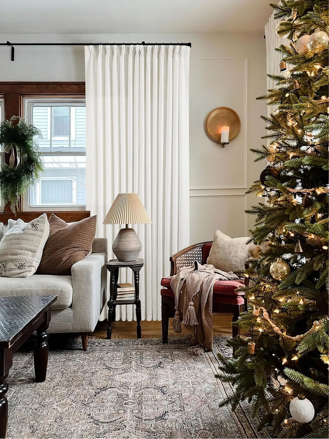 Beige White Linen Curtains Pinch Pleated 84 Inches Long for Living Room Bedroom Pleat with Rings Back Tab Semi Sheer Curtains 84 Inch Length 2 Panels Set Light Filtering Farmhouse Drapes