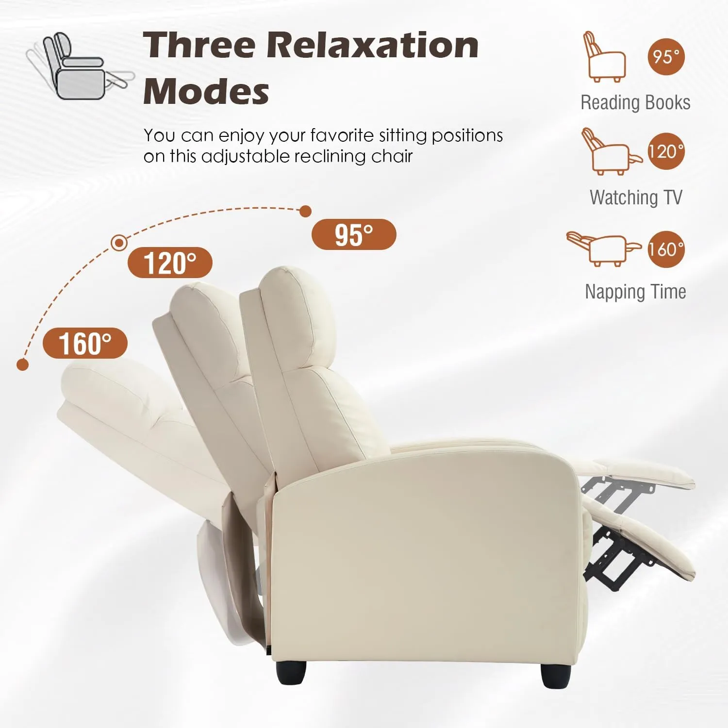 BestMassage Recliner Chair for Living Room Modern Wingback Sofa Home Theater Seating Push Back Reclining Chair with Lumbar Support (Without Massage Function, PU Beige)