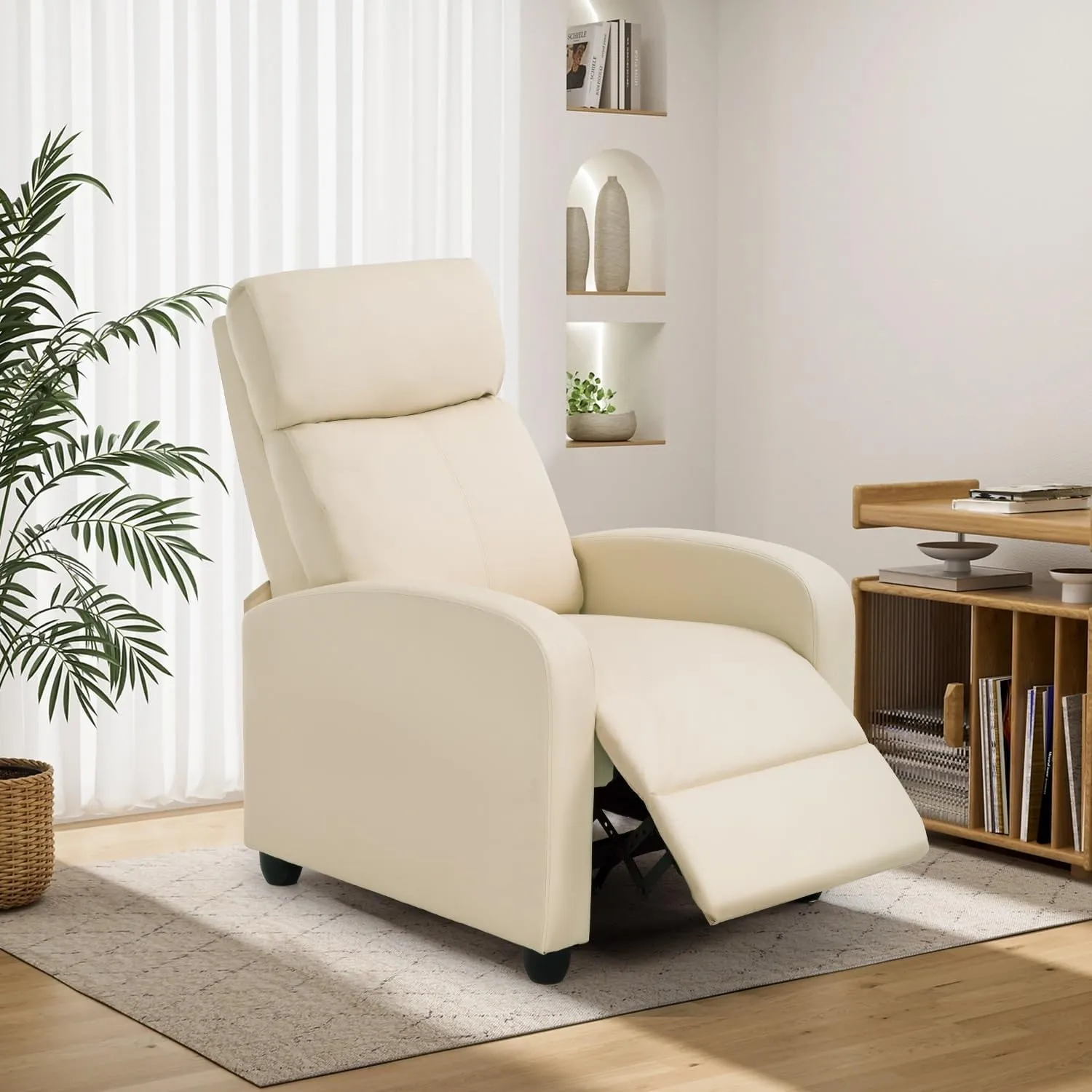 BestMassage Recliner Chair for Living Room Modern Wingback Sofa Home Theater Seating Push Back Reclining Chair with Lumbar Support (Without Massage Function, PU Beige)