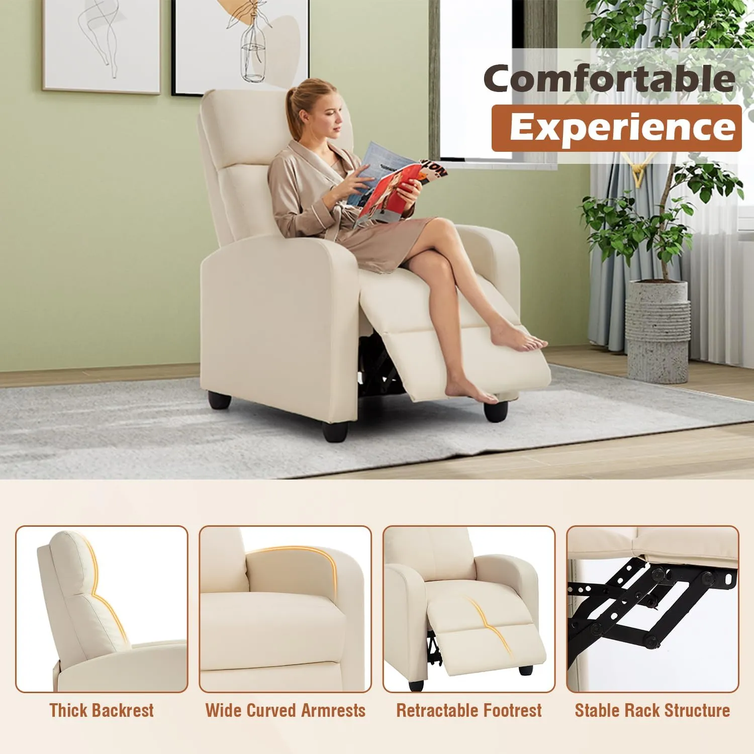 BestMassage Recliner Chair for Living Room Modern Wingback Sofa Home Theater Seating Push Back Reclining Chair with Lumbar Support (Without Massage Function, PU Beige)