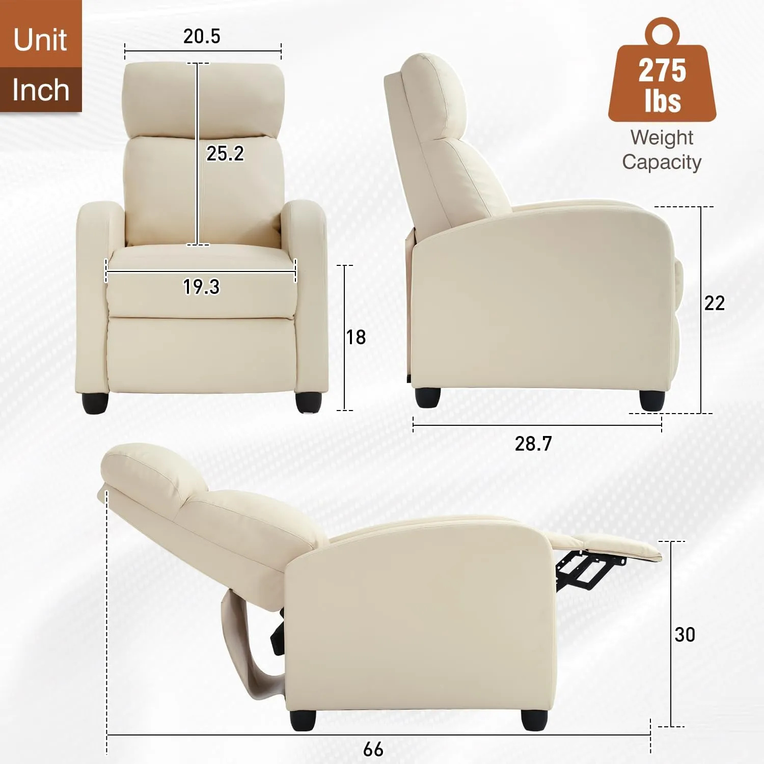 BestMassage Recliner Chair for Living Room Modern Wingback Sofa Home Theater Seating Push Back Reclining Chair with Lumbar Support (Without Massage Function, PU Beige)