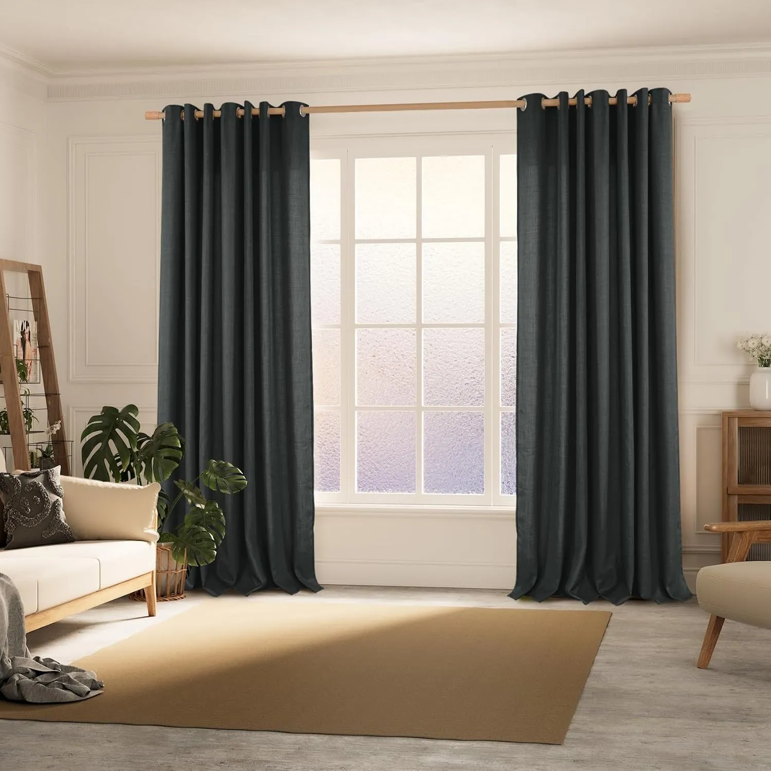 BGment Faux Linen Curtains for Living Room 84 Inch Length 2 Panels Set, Burlap Textured Thick Long Curtains Light Filtering Privacy Window Drapes with Grommet, 52 Inch Wide Each Panel, Dark Grey