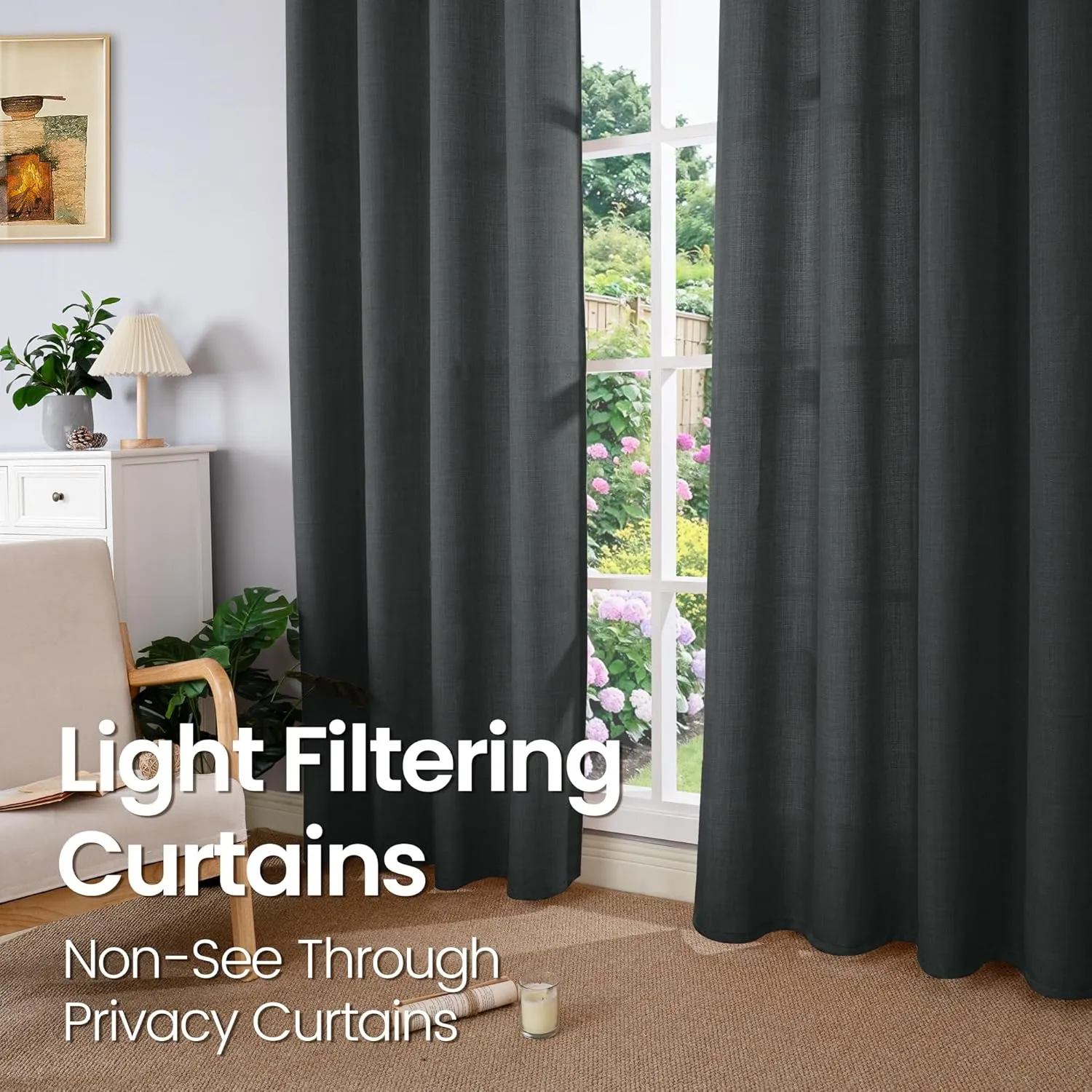 BGment Faux Linen Curtains for Living Room 84 Inch Length 2 Panels Set, Burlap Textured Thick Long Curtains Light Filtering Privacy Window Drapes with Grommet, 52 Inch Wide Each Panel, Dark Grey