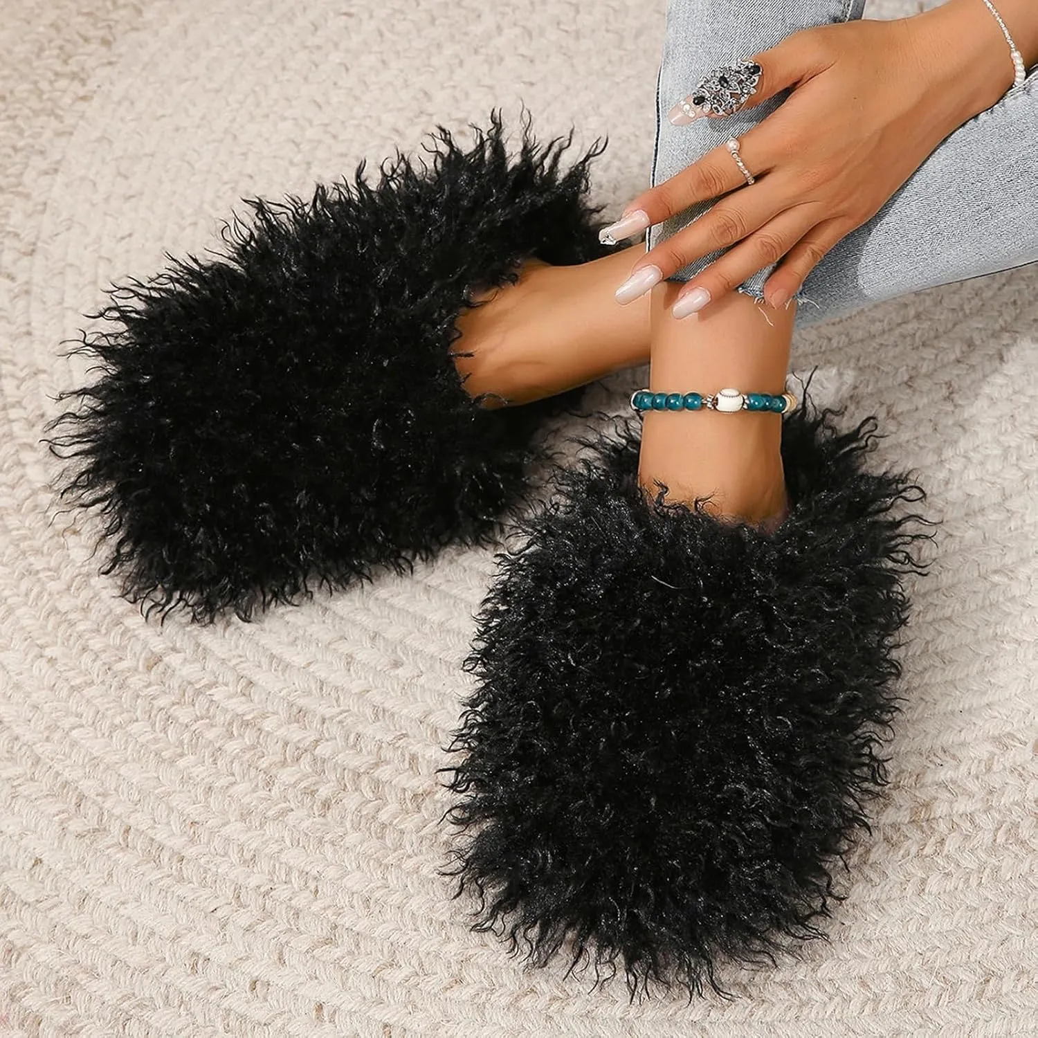 Big Fuzzy Faux Fur Slippers, Unisex Fuzzy Wool-Like House Slides, Women's Warm Plush Fluffy Long Hair Sheep Slip on Shoes